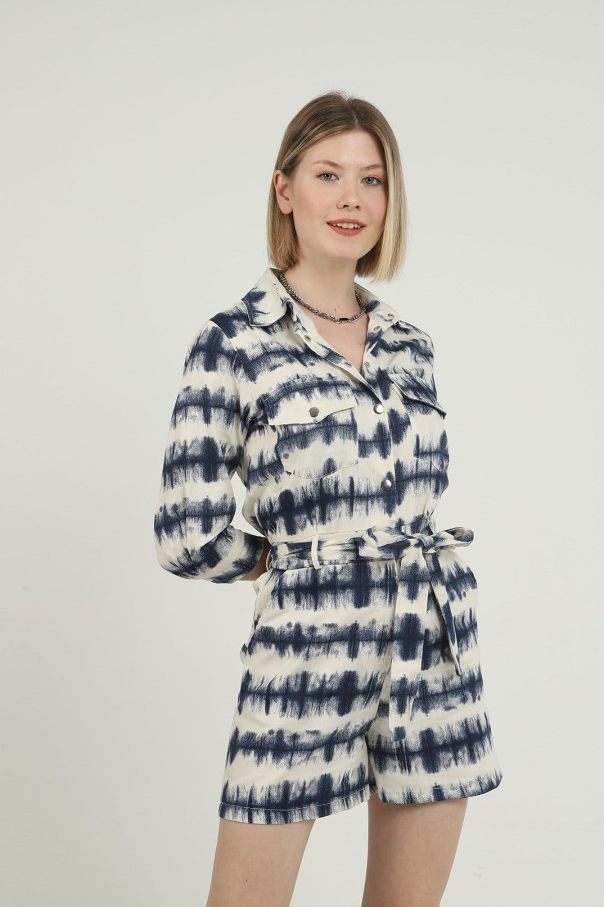 ELBEE Çıtçıtlı ve Desenli Şort Tulum - Lacivert