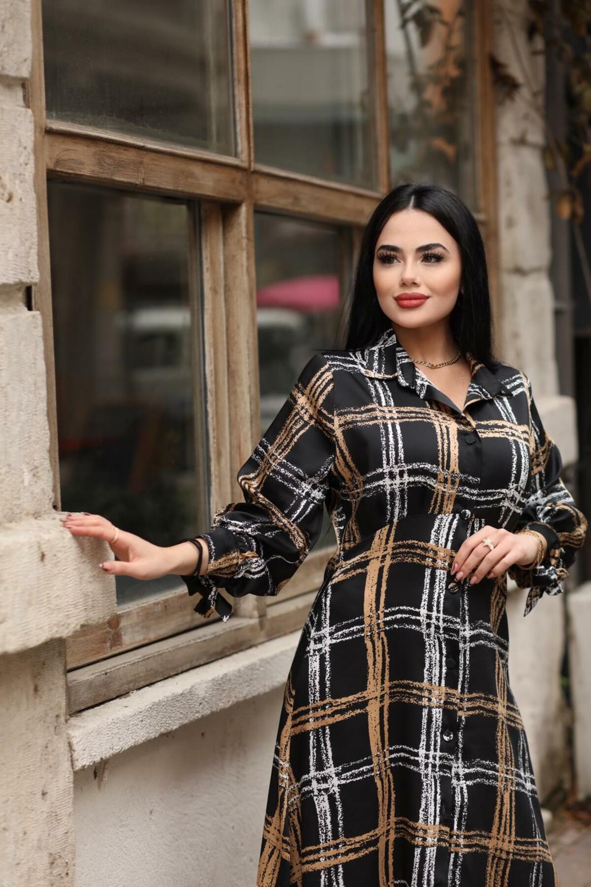 ELBEE Desenli Gömlek Elbise - Siyah