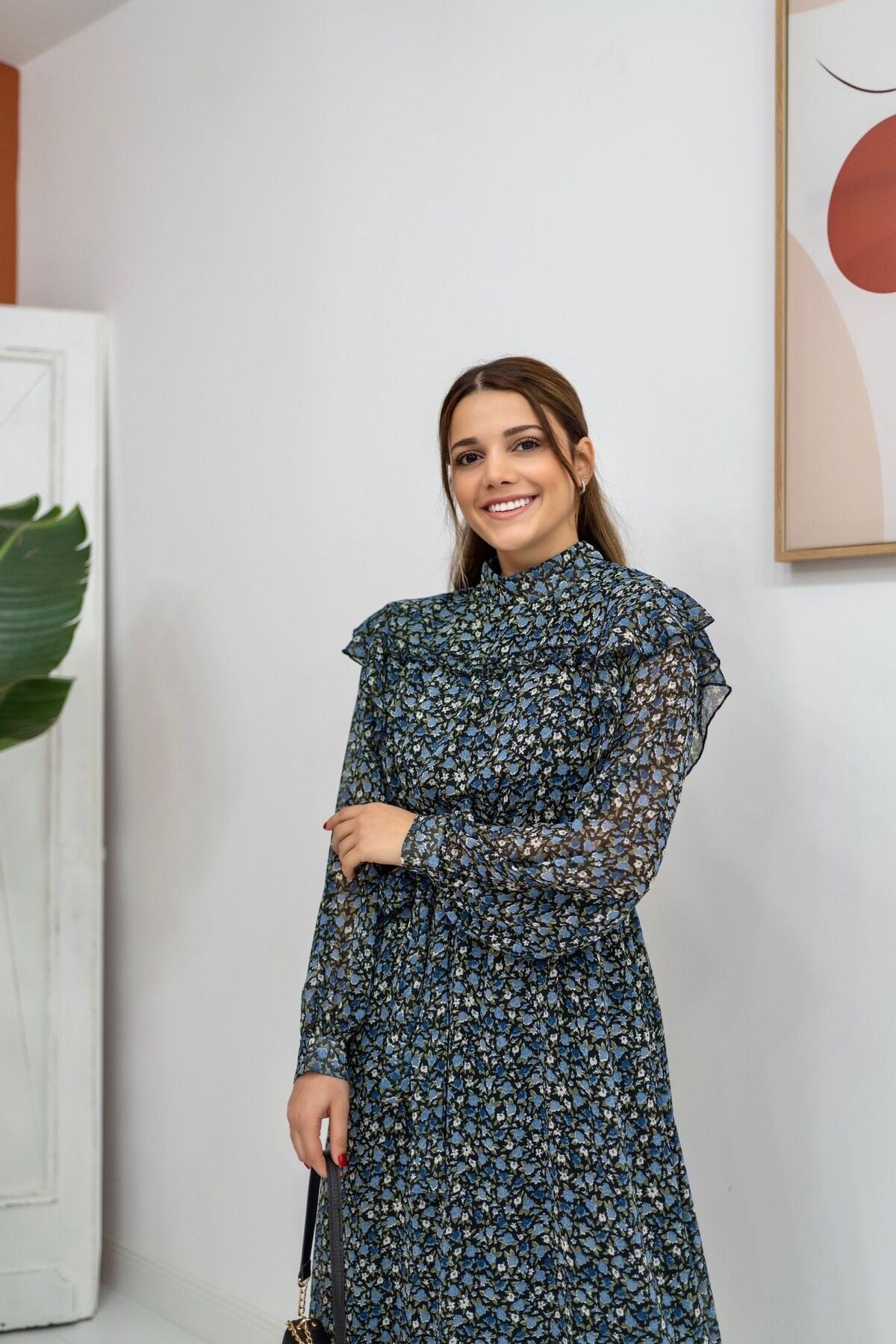 ELBEE Desenli Şifon Elbise - Mavi