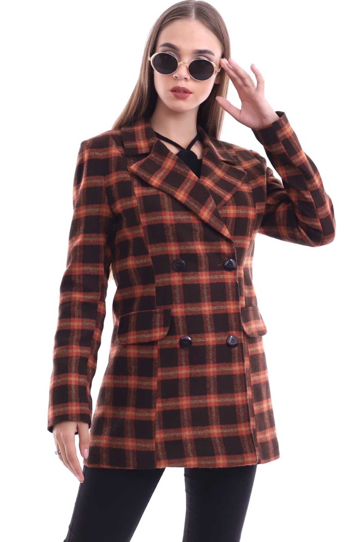 ELBEE Ekose Desen Düğmeli Ceket - Taba