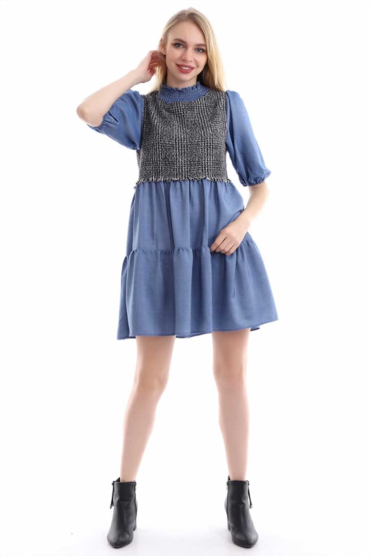 ELBEE Ekose Detay Elbise - Mavi