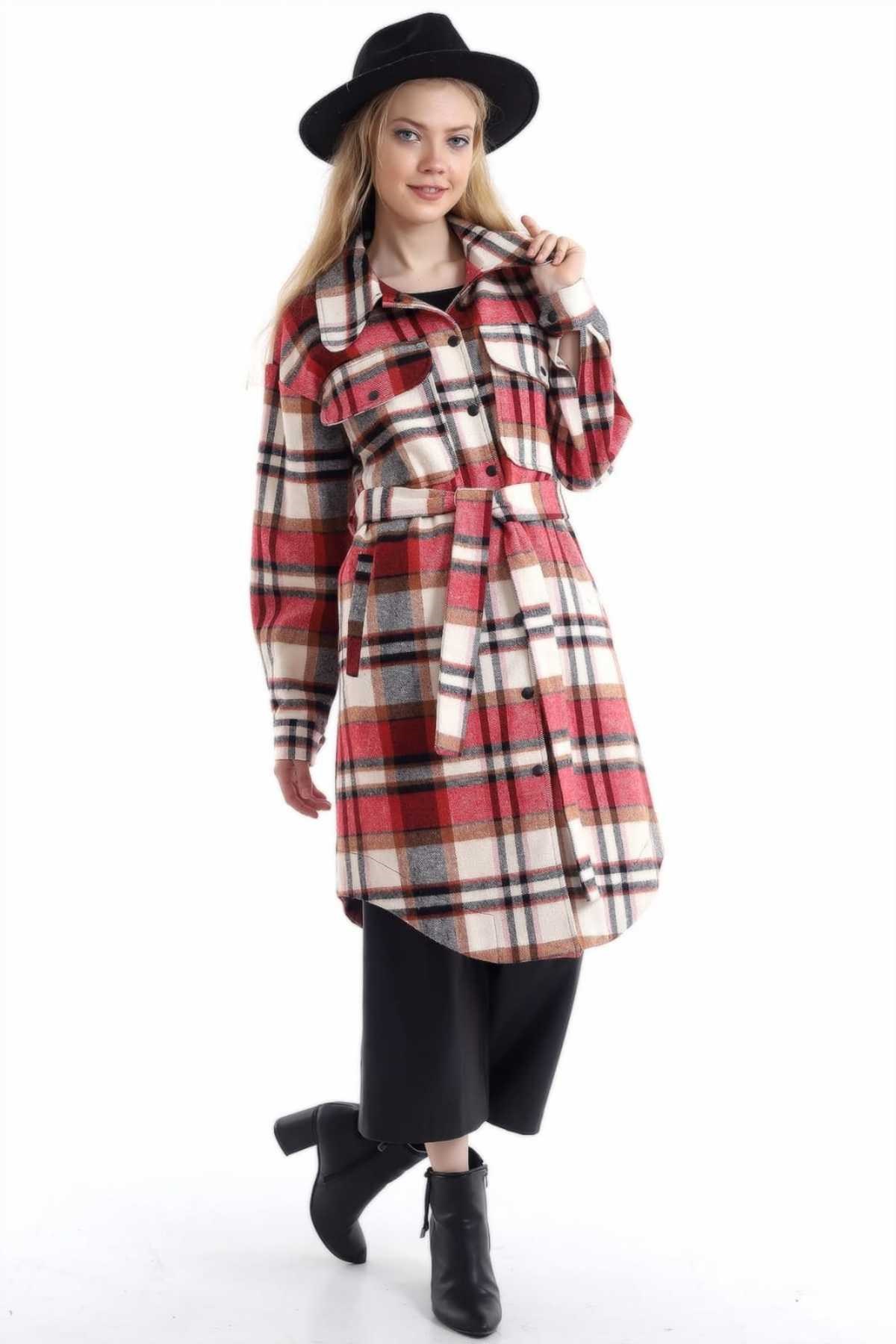 ELBEE Ekoseli Çıtçıtlı Elbise - Kırmızı