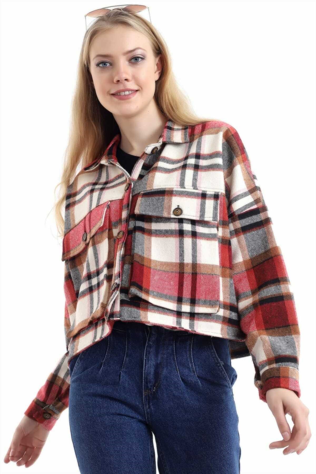 ELBEE Ekoseli Düğmeli Ceket - Kırmızı