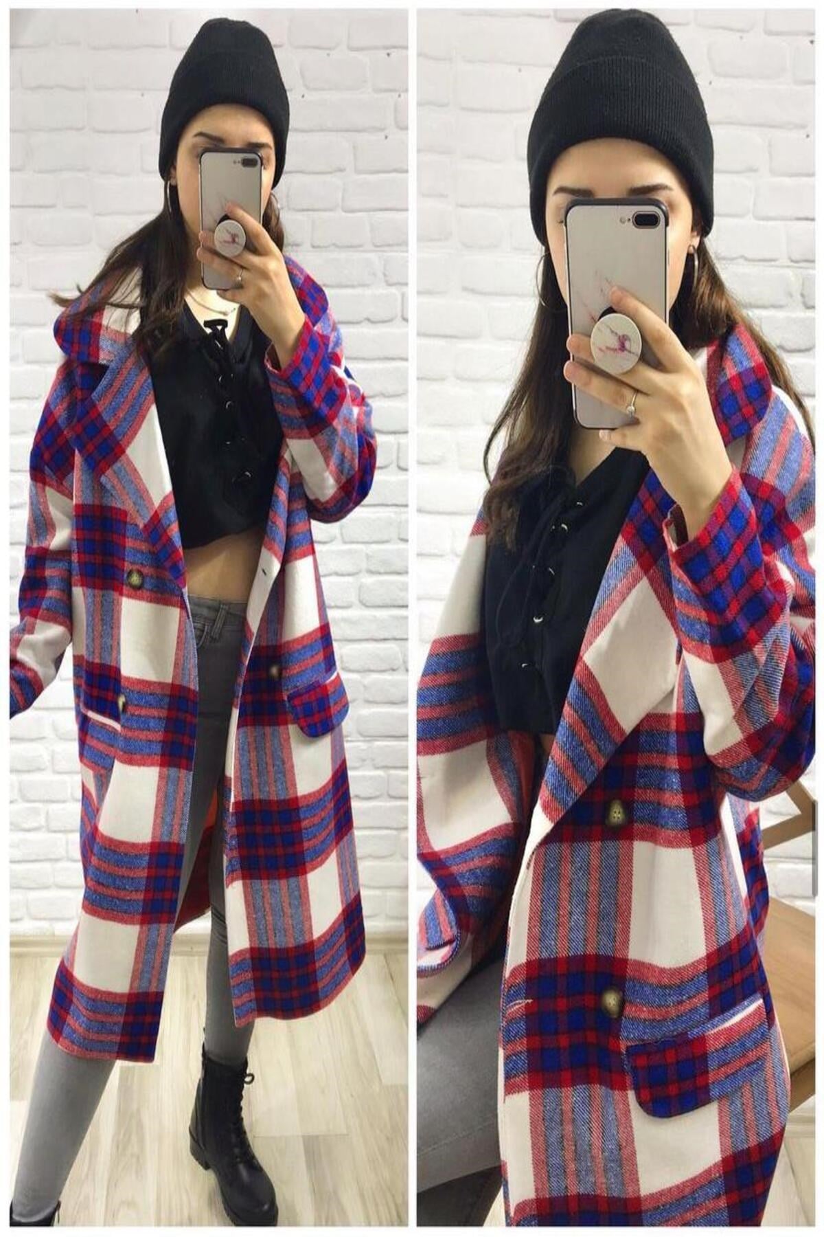 ELBEE Ekoseli Düğmeli ve Kare Desenli Kaban - Mor