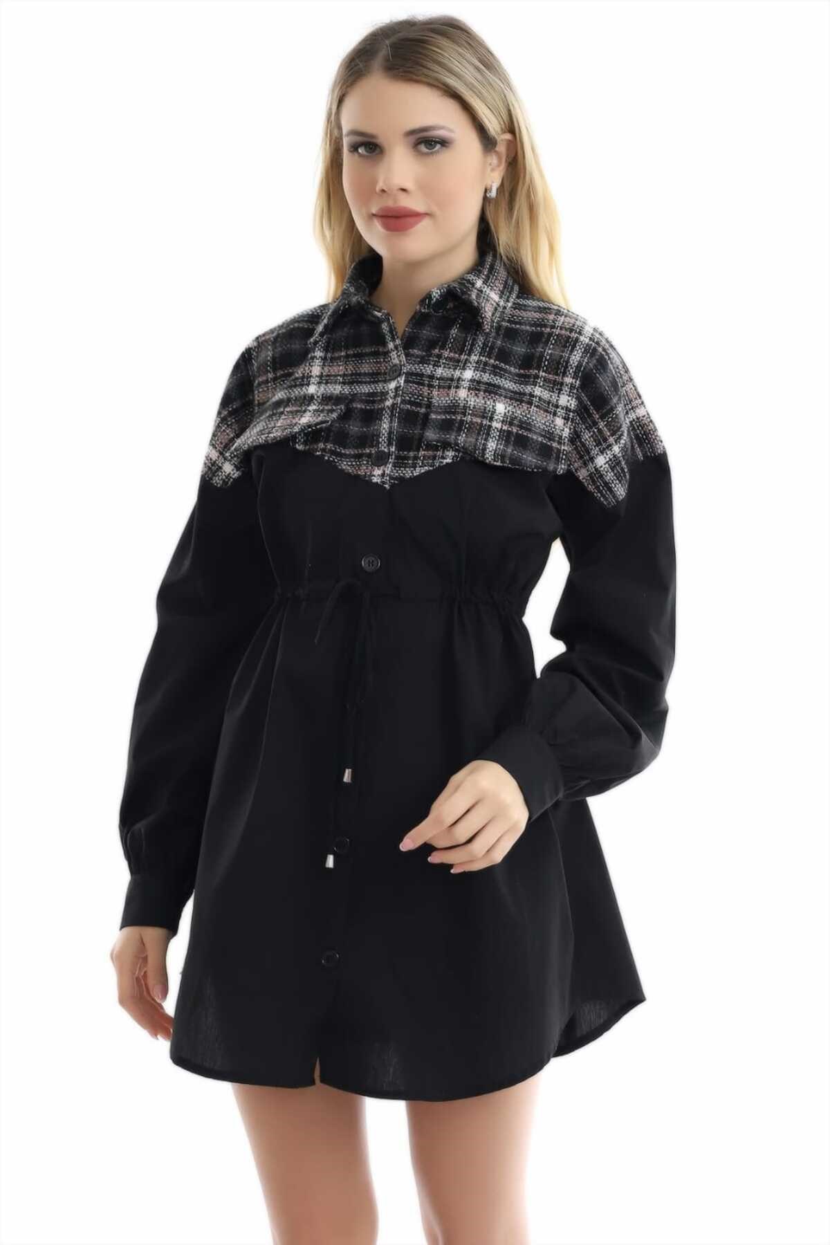 ELBEE Ekoseli Gömlek Elbise - Siyah
