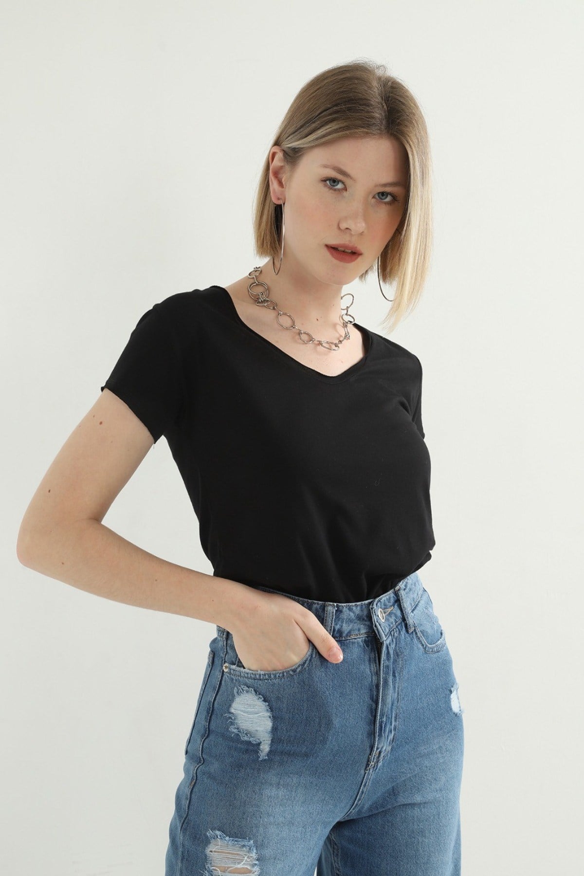 ELBEE Etek ve Kol Ucu Pis Dikiş T-Shirt - Siyah