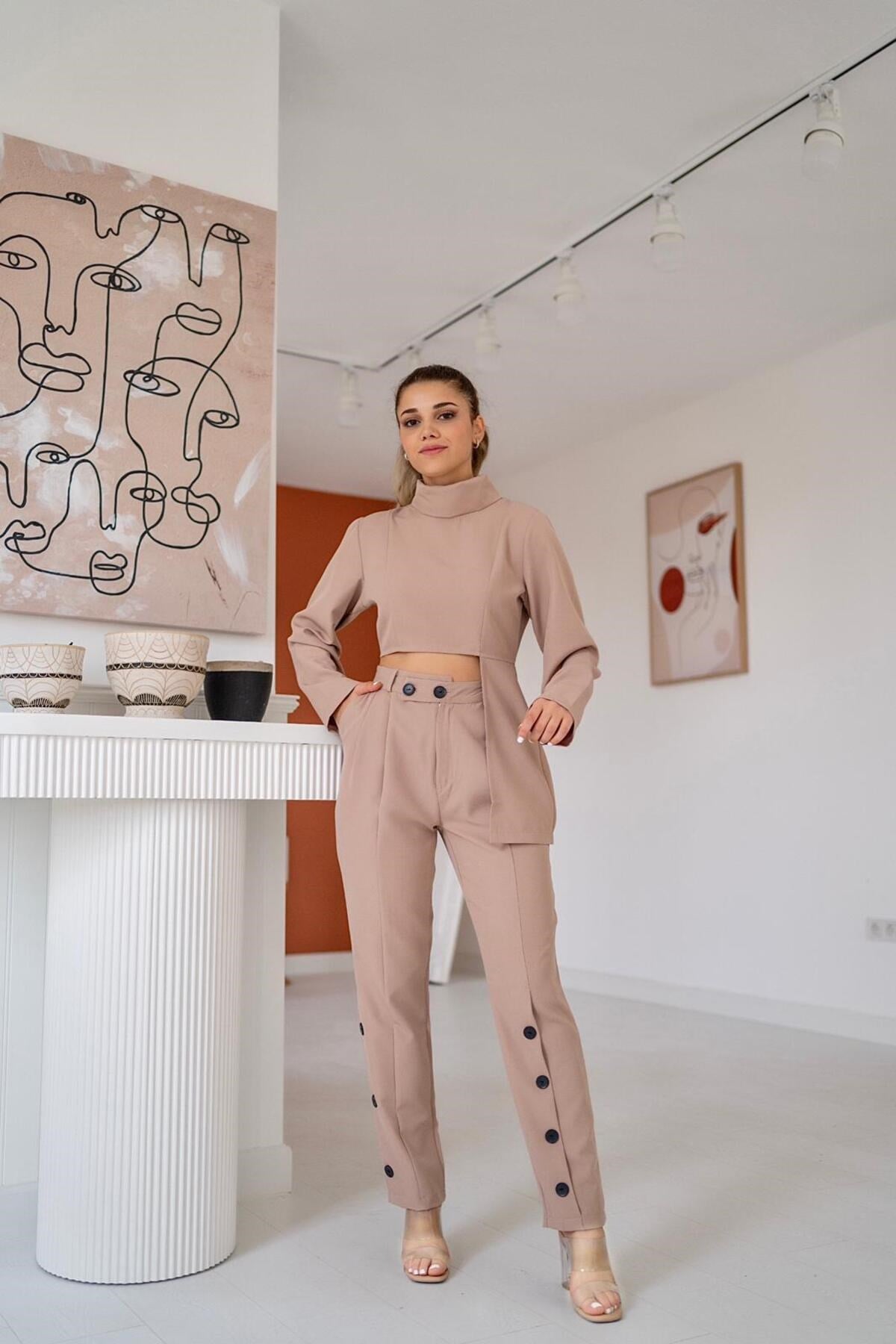 ELBEE Fermuarlı Gömlek ve Pantolon Takım - Bej