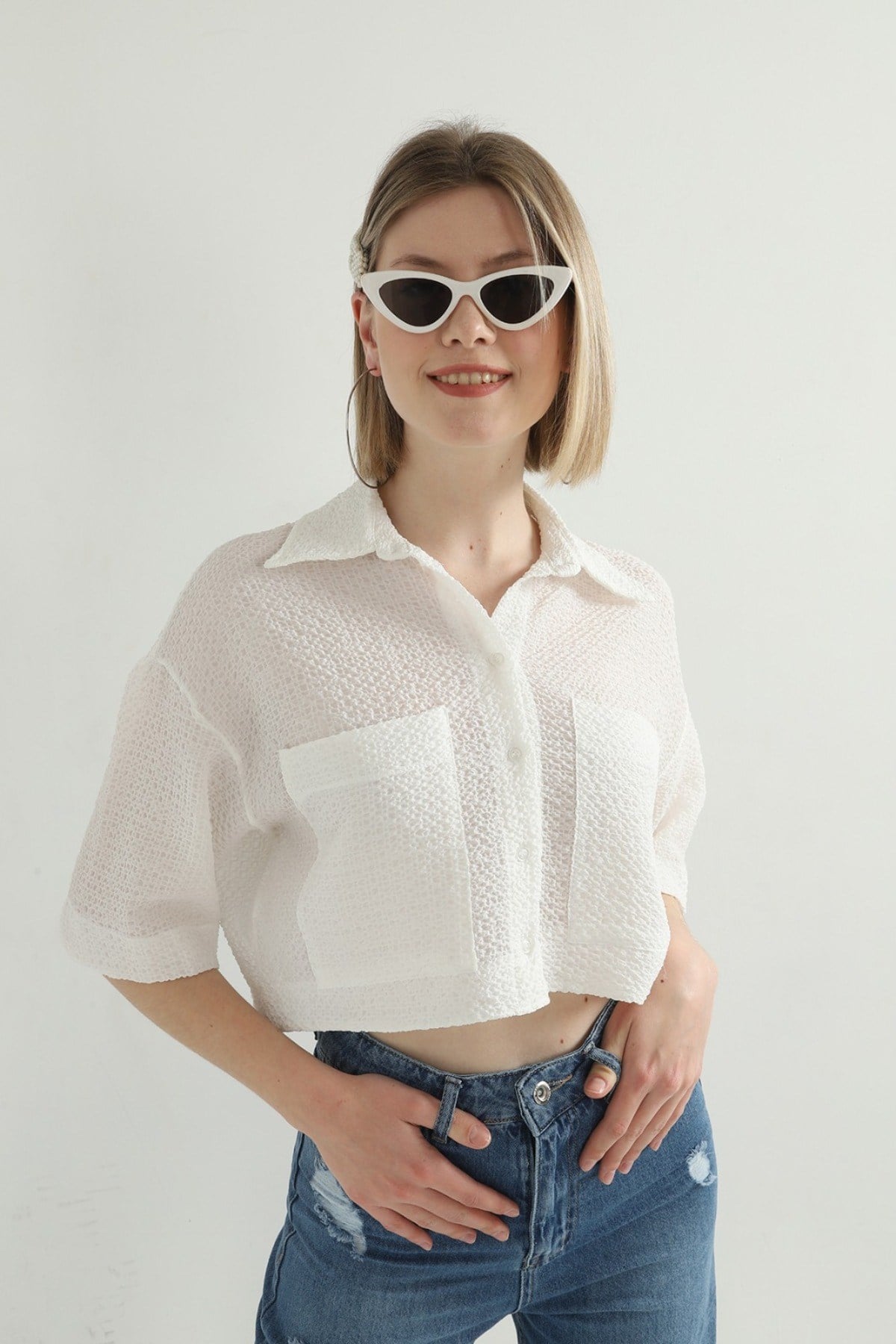 ELBEE Gofre Desenli Cepli Gömlek - Beyaz