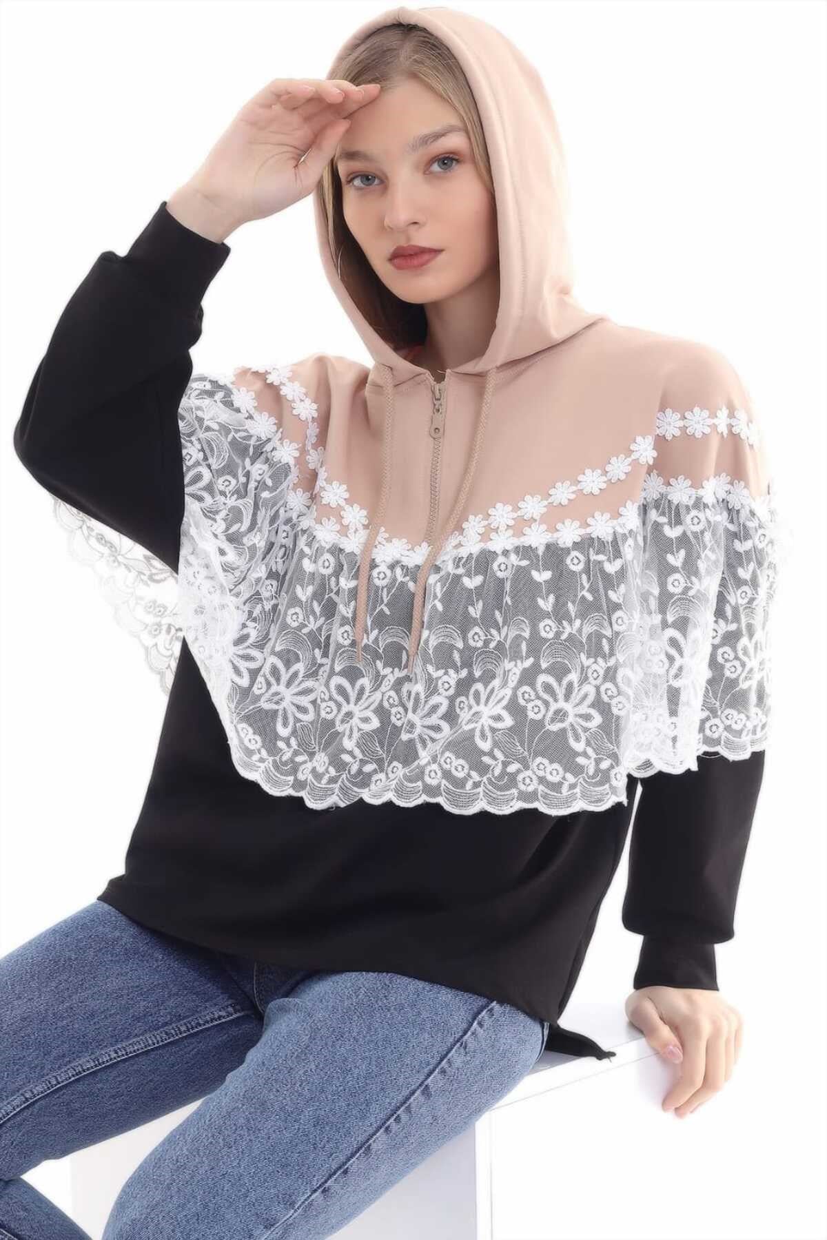 ELBEE Kapüşonlu Dantelli Yarasa Sweatshirt - Siyah