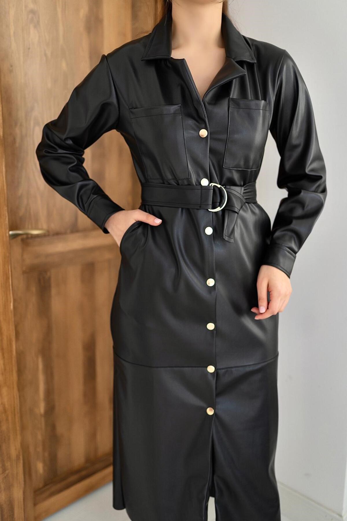 Kemerli Deri Elbise - Siyah | elbee.com.tr