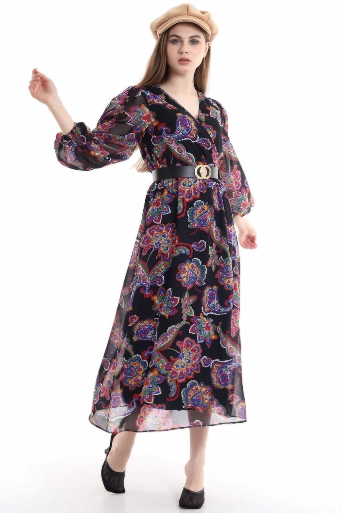 ELBEE Kemerli Elbise - Siyah & Mor & Kırmızı