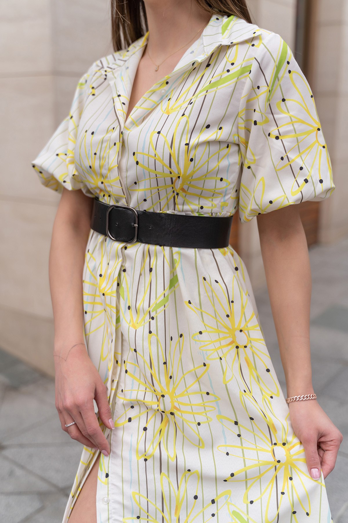 ELBEE Kemerli Gömlek Elbise - Sarı