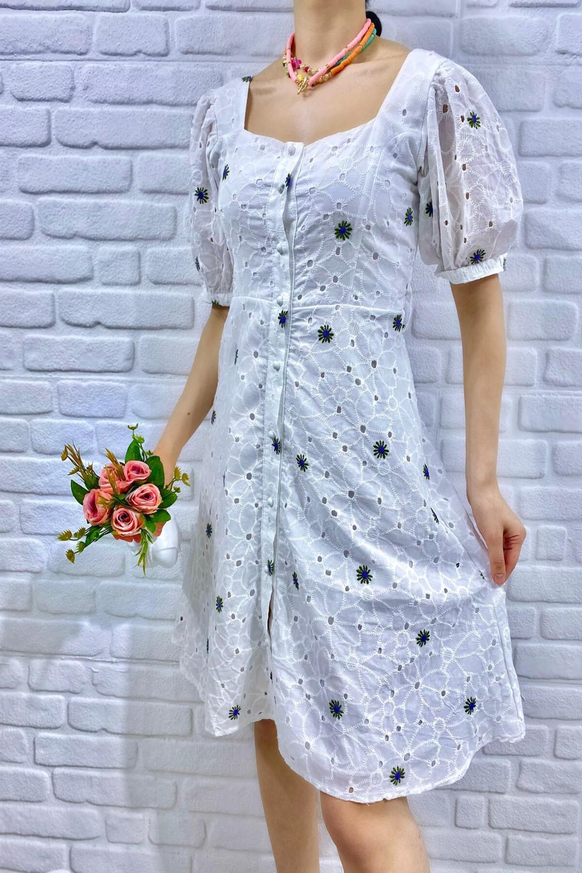 ELBEE Kemerli Kare Yaka Elbise - Haki & Beyaz