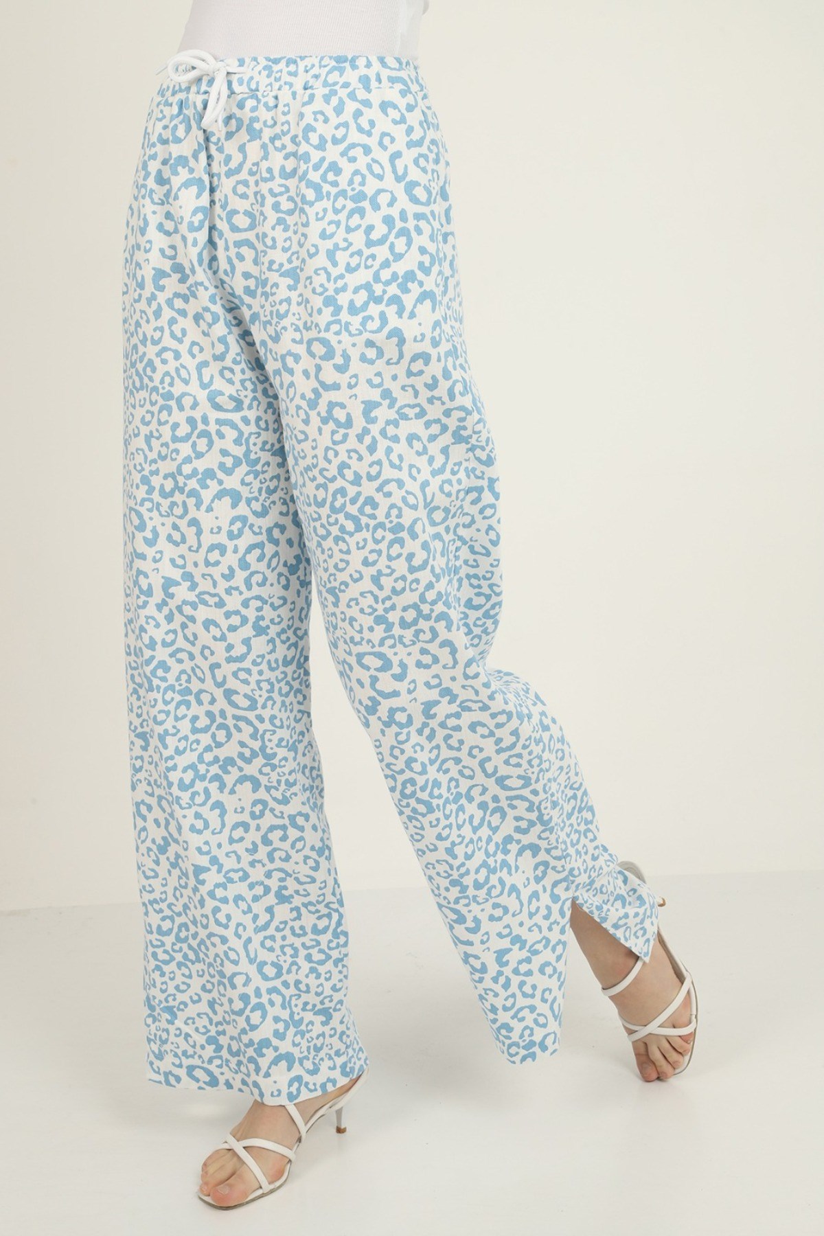 ELBEE Leopar Desenli Yırtmaçlı Pantolon - Mavi