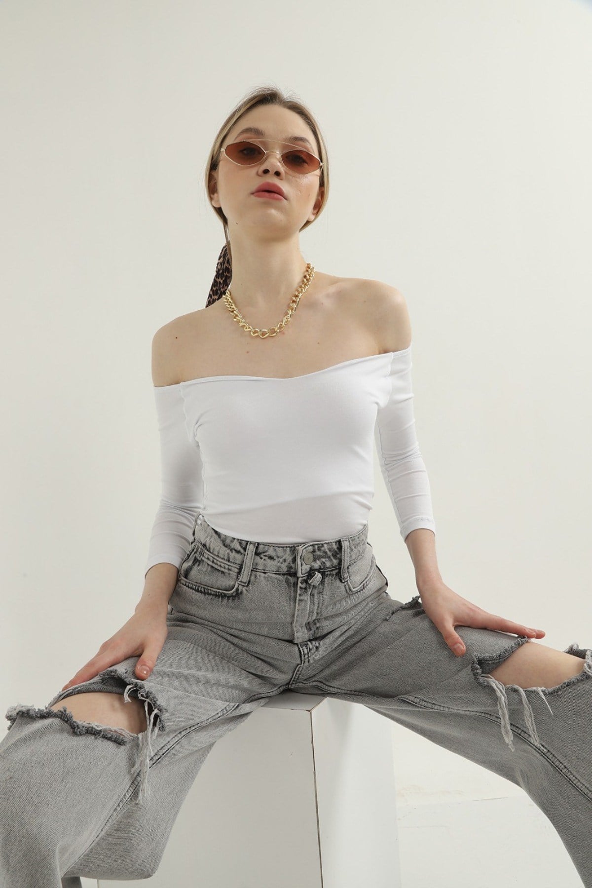 ELBEE Omuzu Açık V Yaka Büstiyer - Beyaz