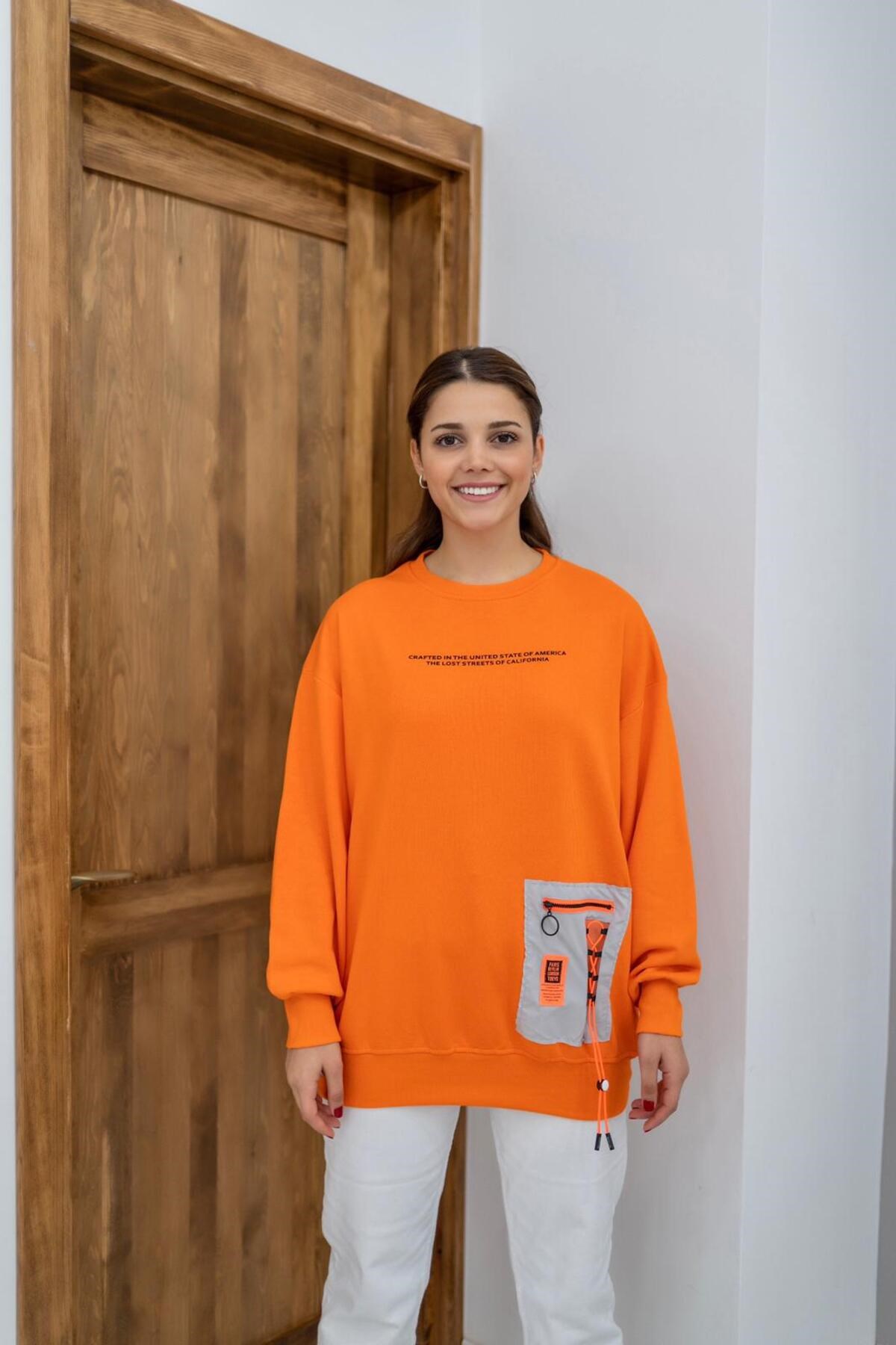 ELBEE Önü Yazılı Sweatshirt - Turuncu