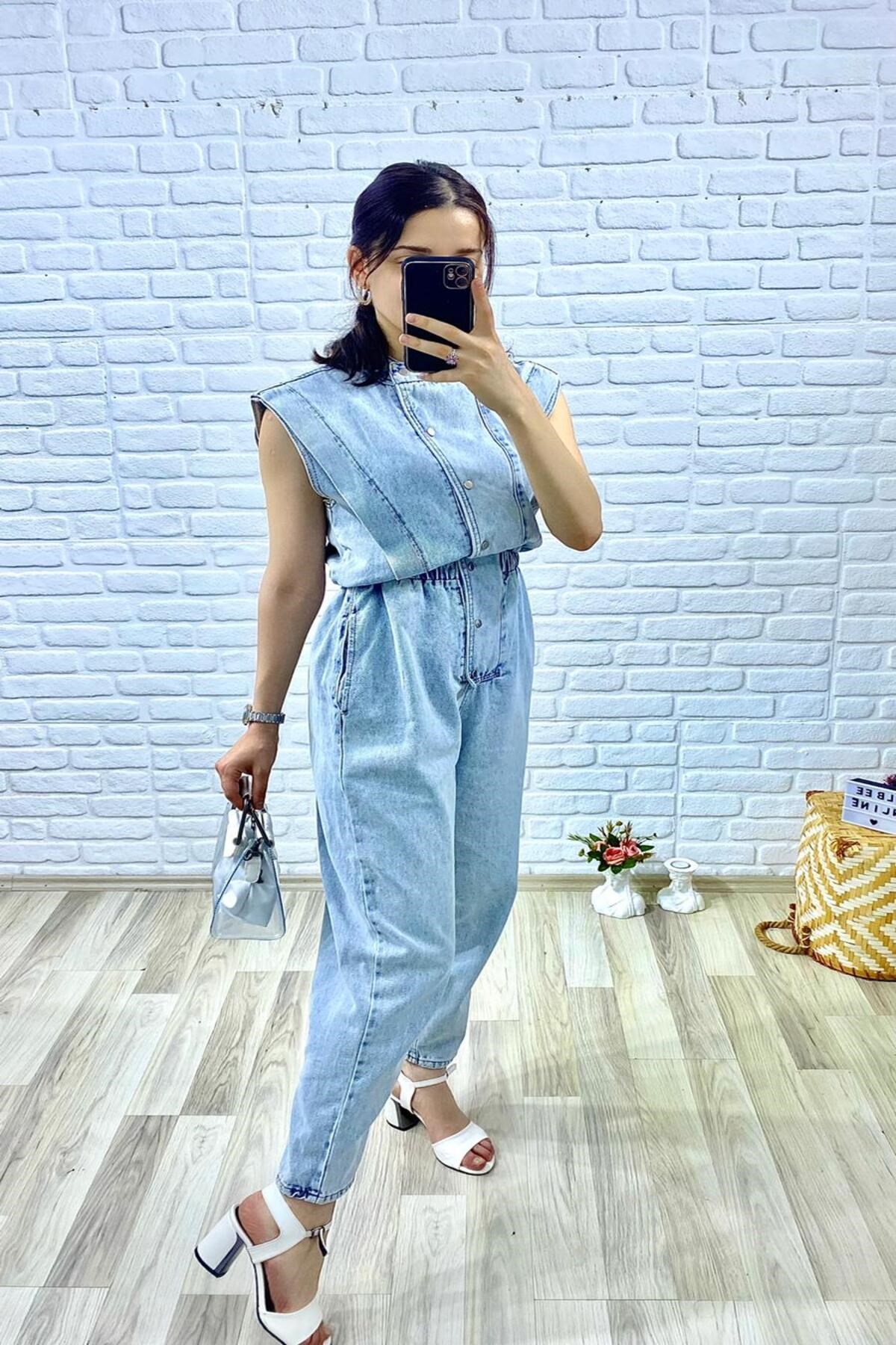 ELBEE Sıfır Kol Kot Tulum - Mavi