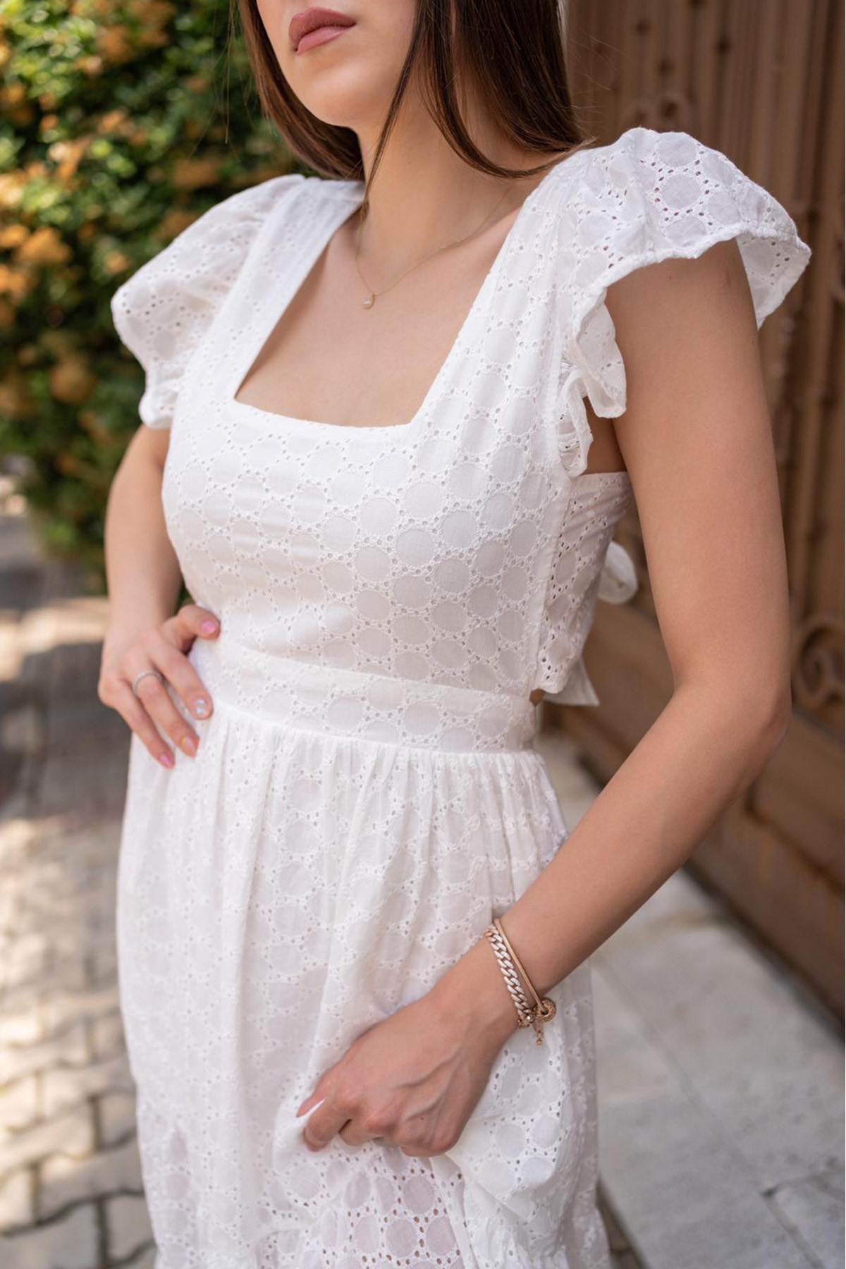 Sırt Bağlamalı Fisto Elbise - Beyaz | elbee.com.tr