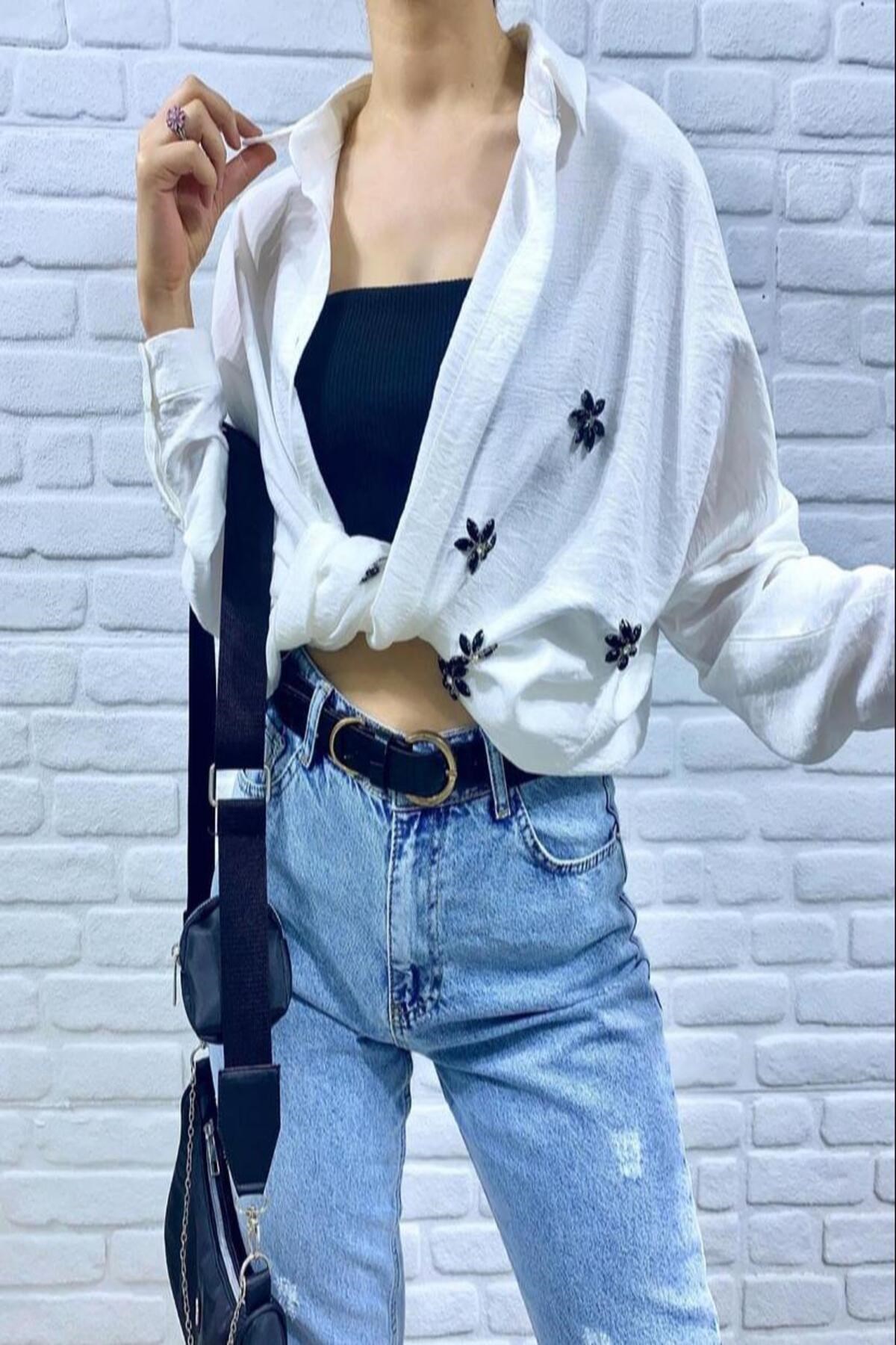 ELBEE Taş İşlemeli Stylish Gömlek - Beyaz