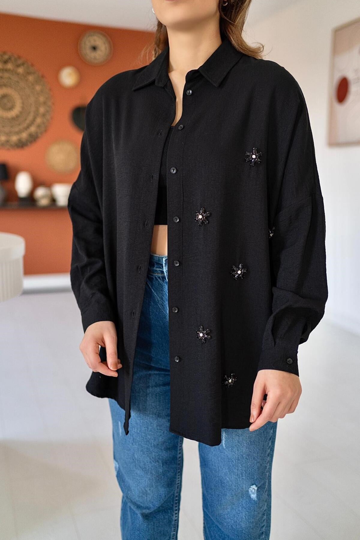 ELBEE Taş İşlemeli Stylish Gömlek - Siyah