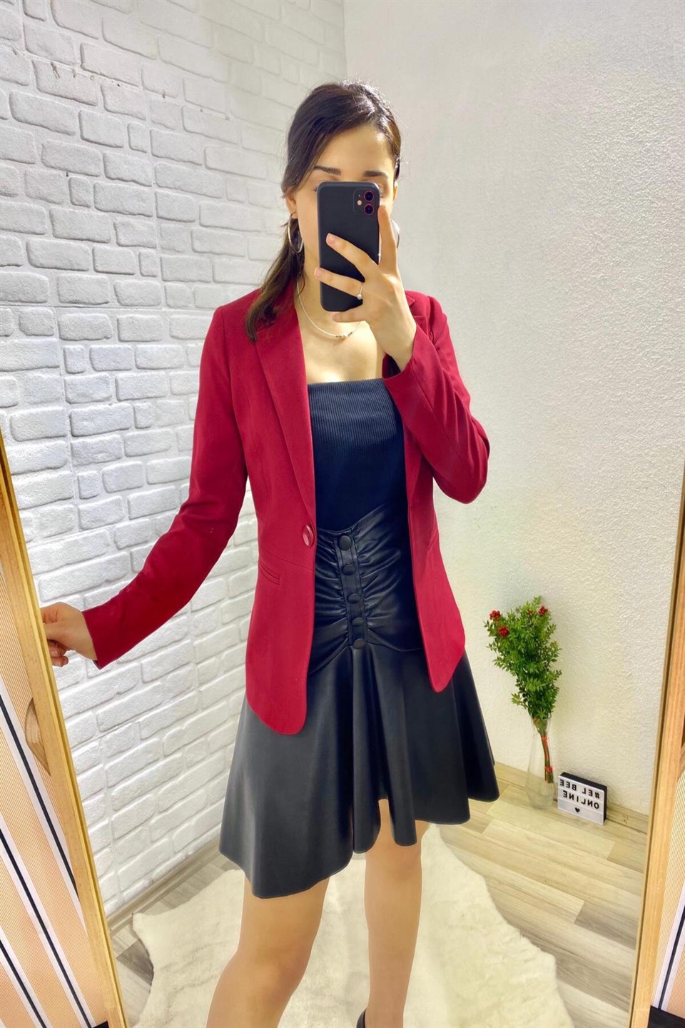 Elbee Tek Düğmeli Kadın Ceket - Bordo