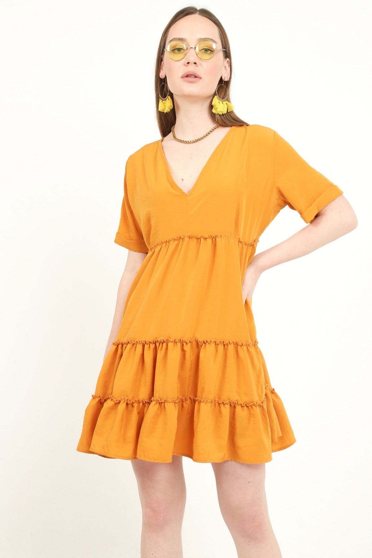 ELBEE V Yaka Büzgülü Elbise - Hardal