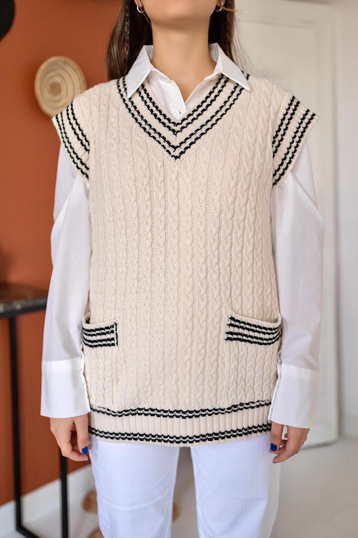 ELBEE V Yaka Süveter - Bej