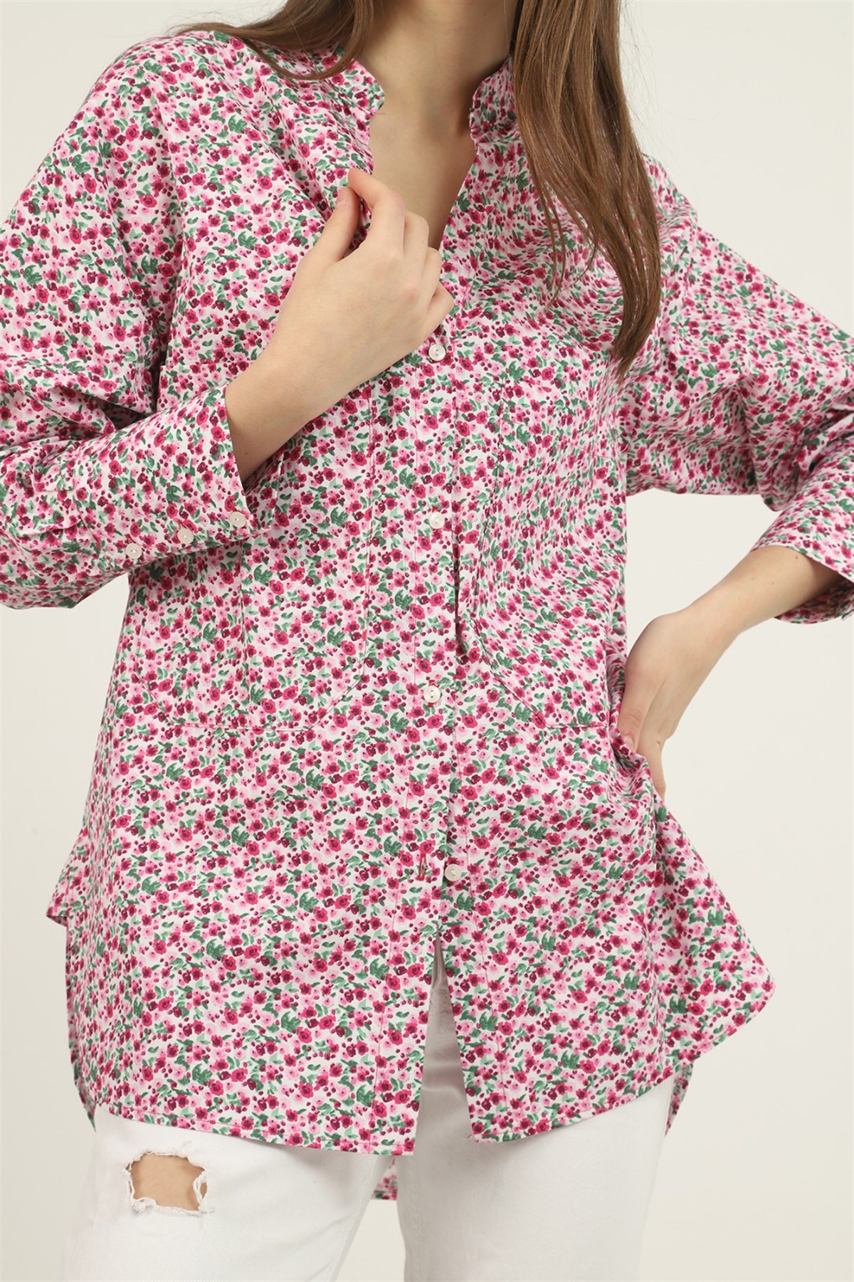 ELBEE V Yakalı ve Desenli Gömlek - Kırmızı