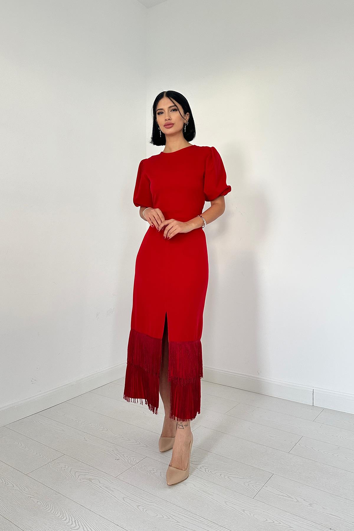 Eteği Püsküllü Elbise - Kırmızı