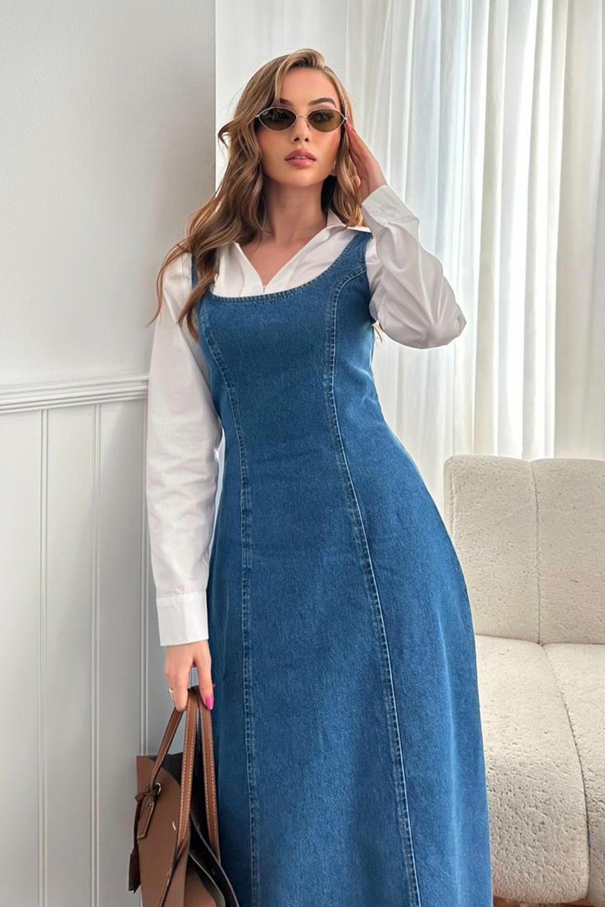 Fermuar Detaylı Askılı Denim