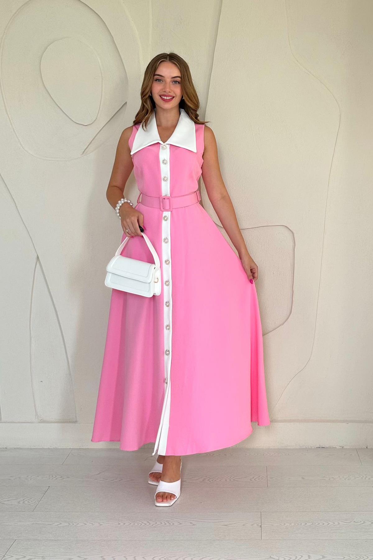 Geniş Yakalı Halter Kollu Elbise - Pembe 8083