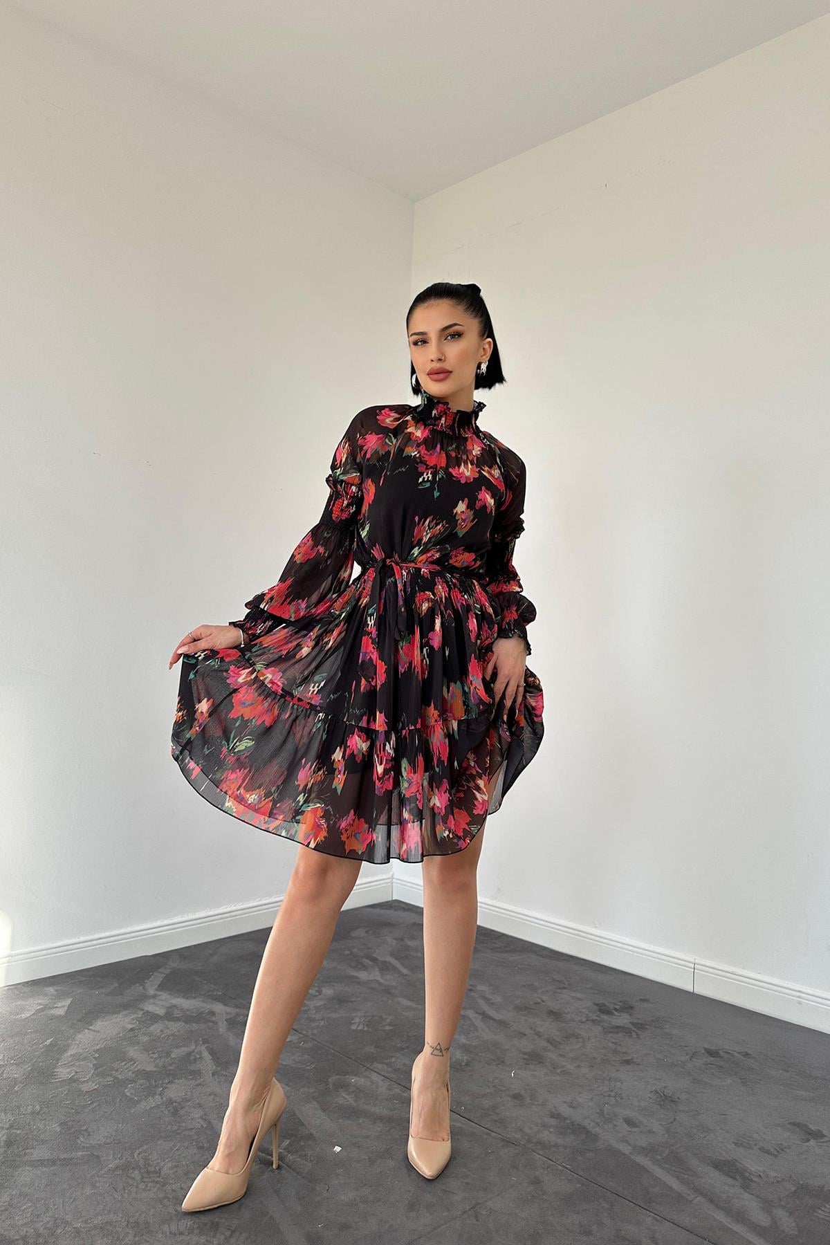 Gipeli Kat Kat Mini Elbise - Siyah