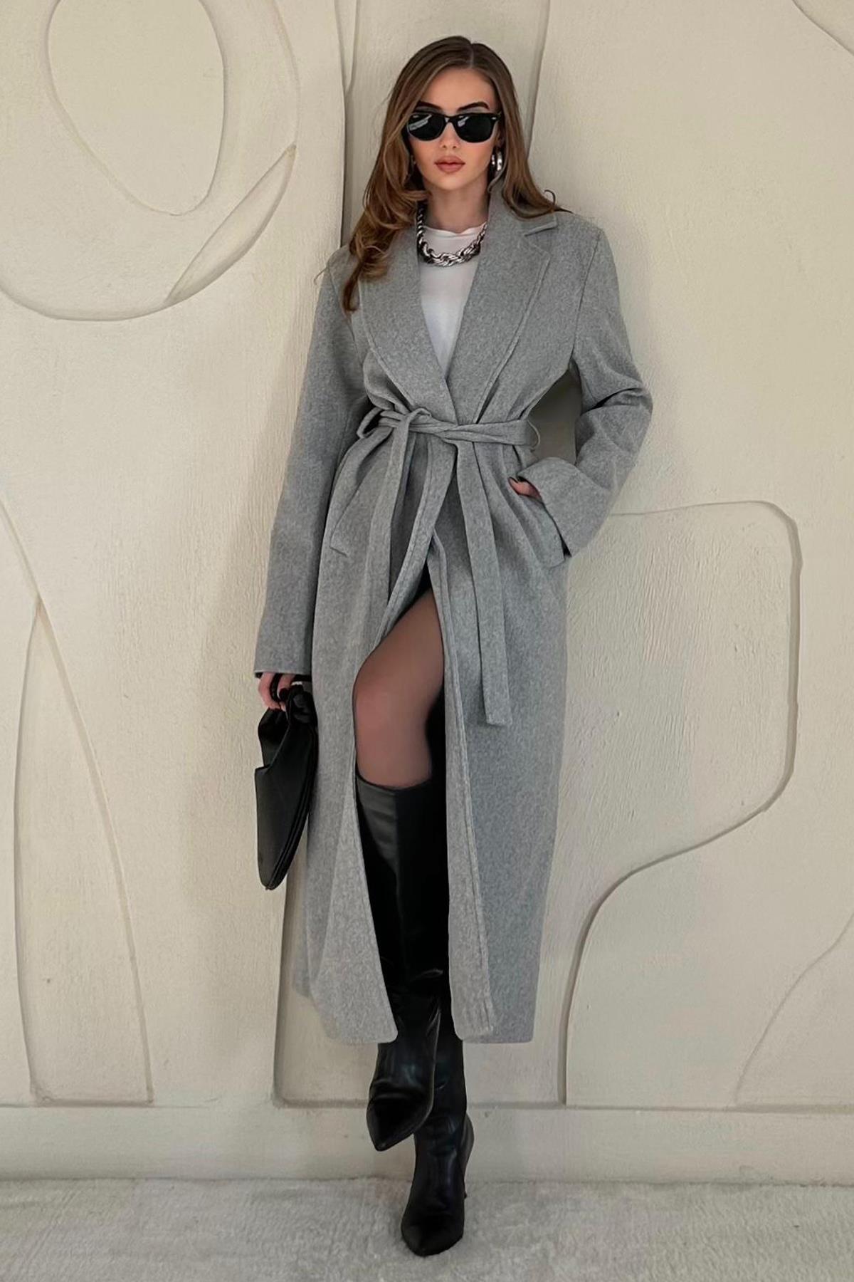 Gri Kuşaklı Midi Kaban