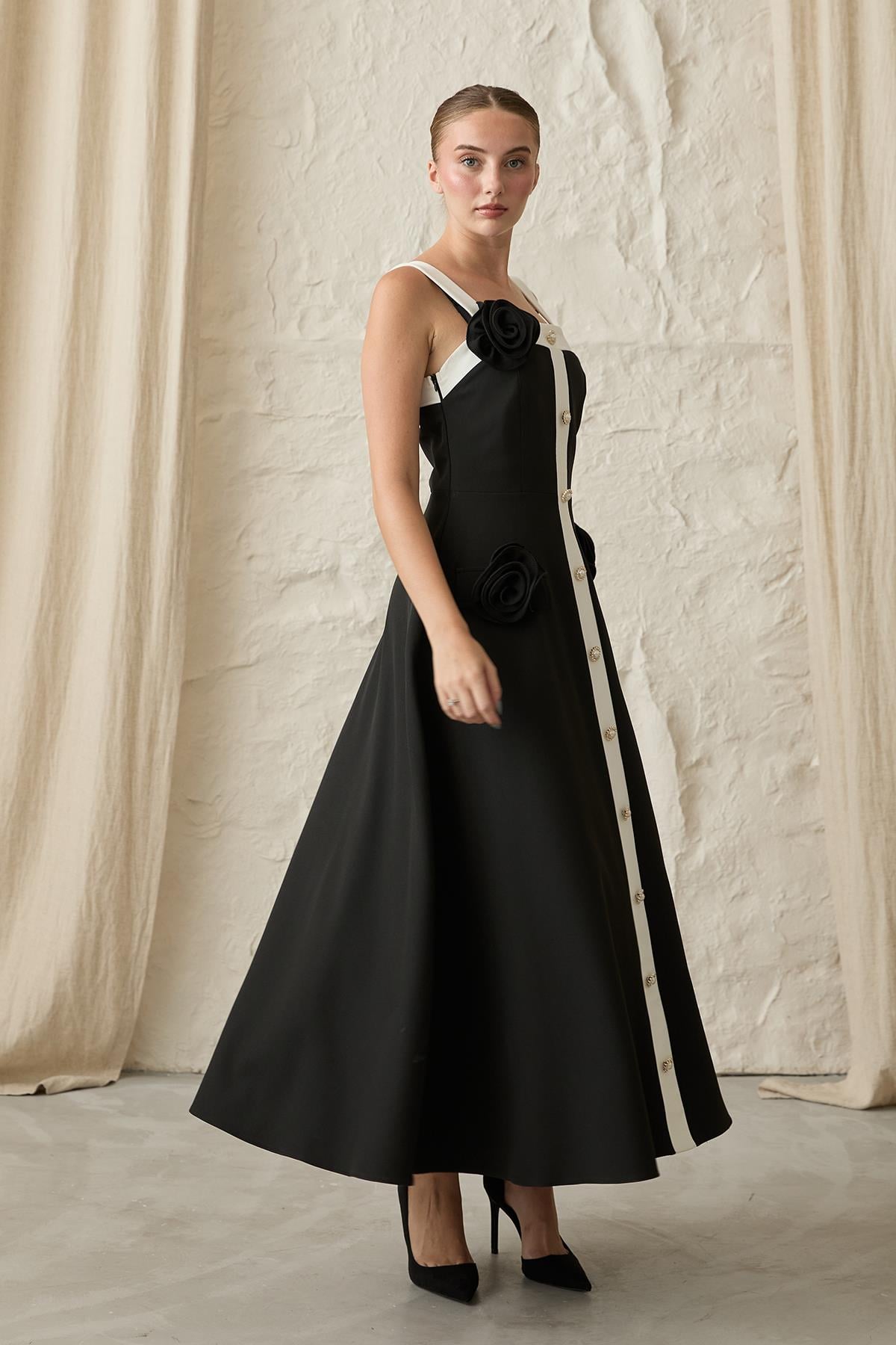 Güllü Askılı Elbise - Siyah 8228