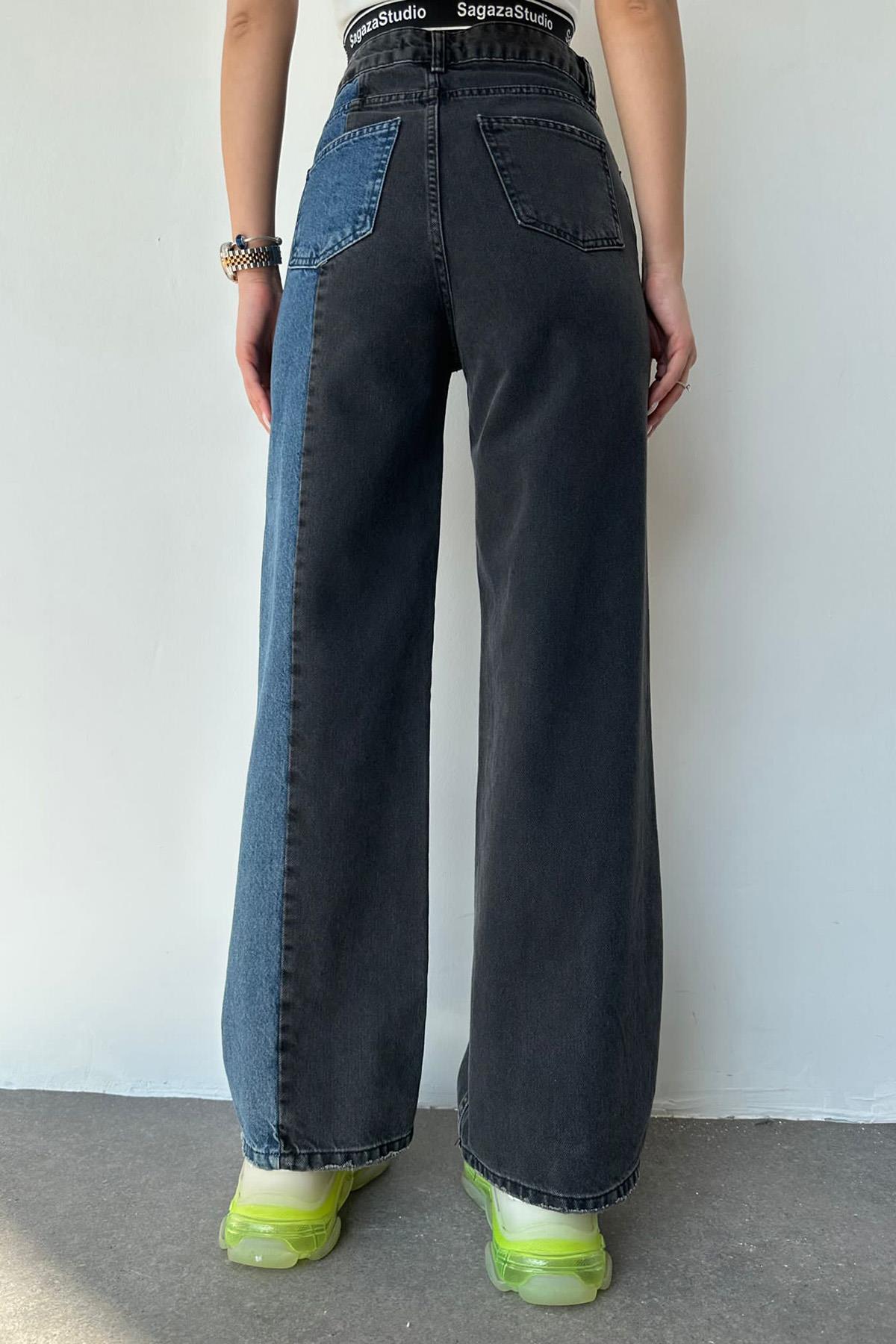 İki Renkli Mom Jeans Pantolon - Siyah | elbee.com.tr