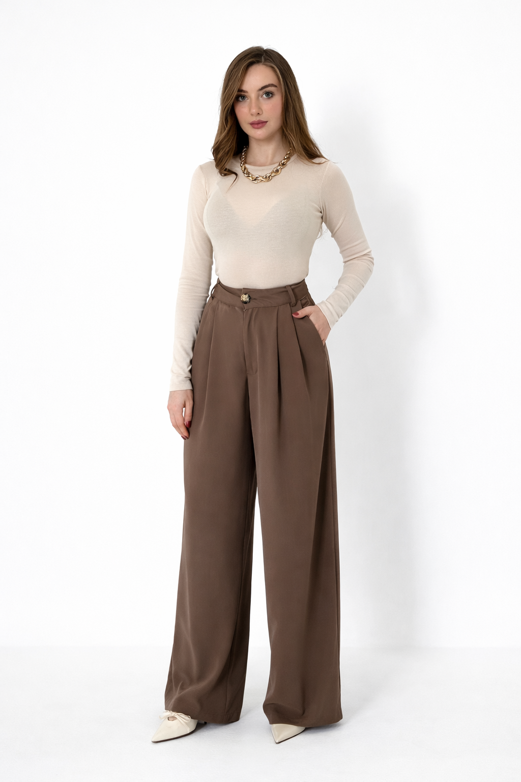 Kahverengi Pileli Comfort Pantolon