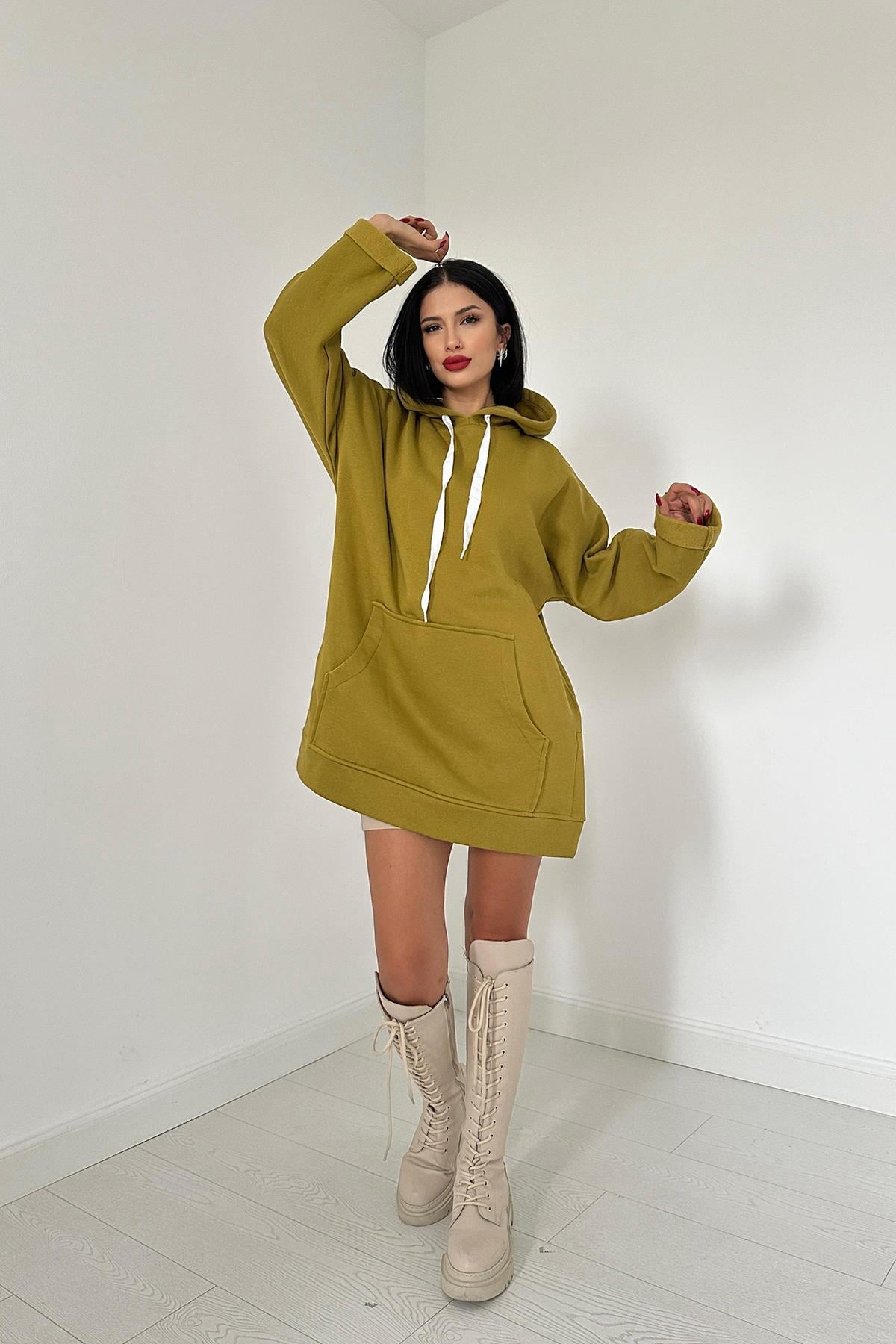 Kapüşonlu Uzun Sweatshirt - Yeşil