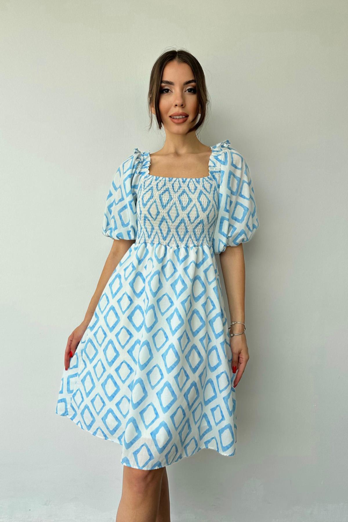 Kare Desenli Yazlık Elbise - Mavi | elbee.com.tr