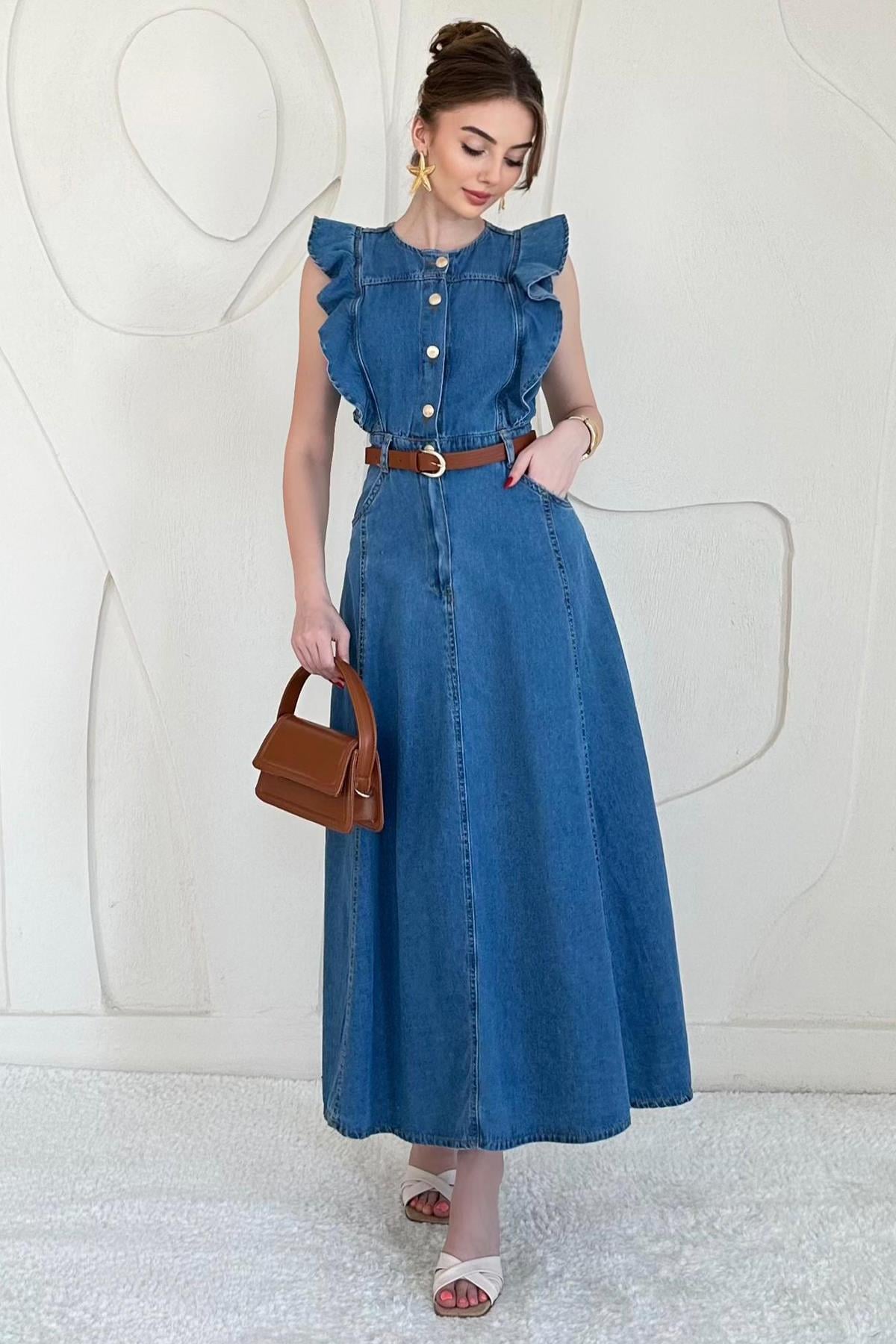 Kemer Detaylı Uzun Denim Elbise