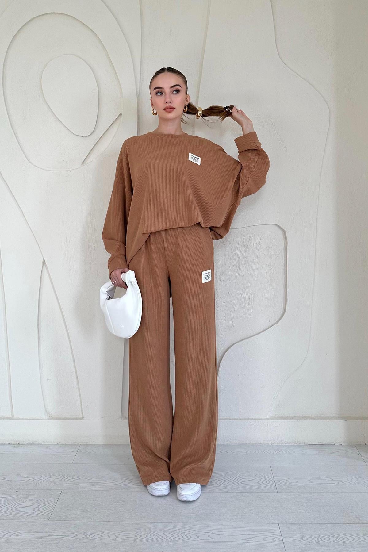 Klasik Fitilli Kazak ve Pantolon Takım - Camel 7668