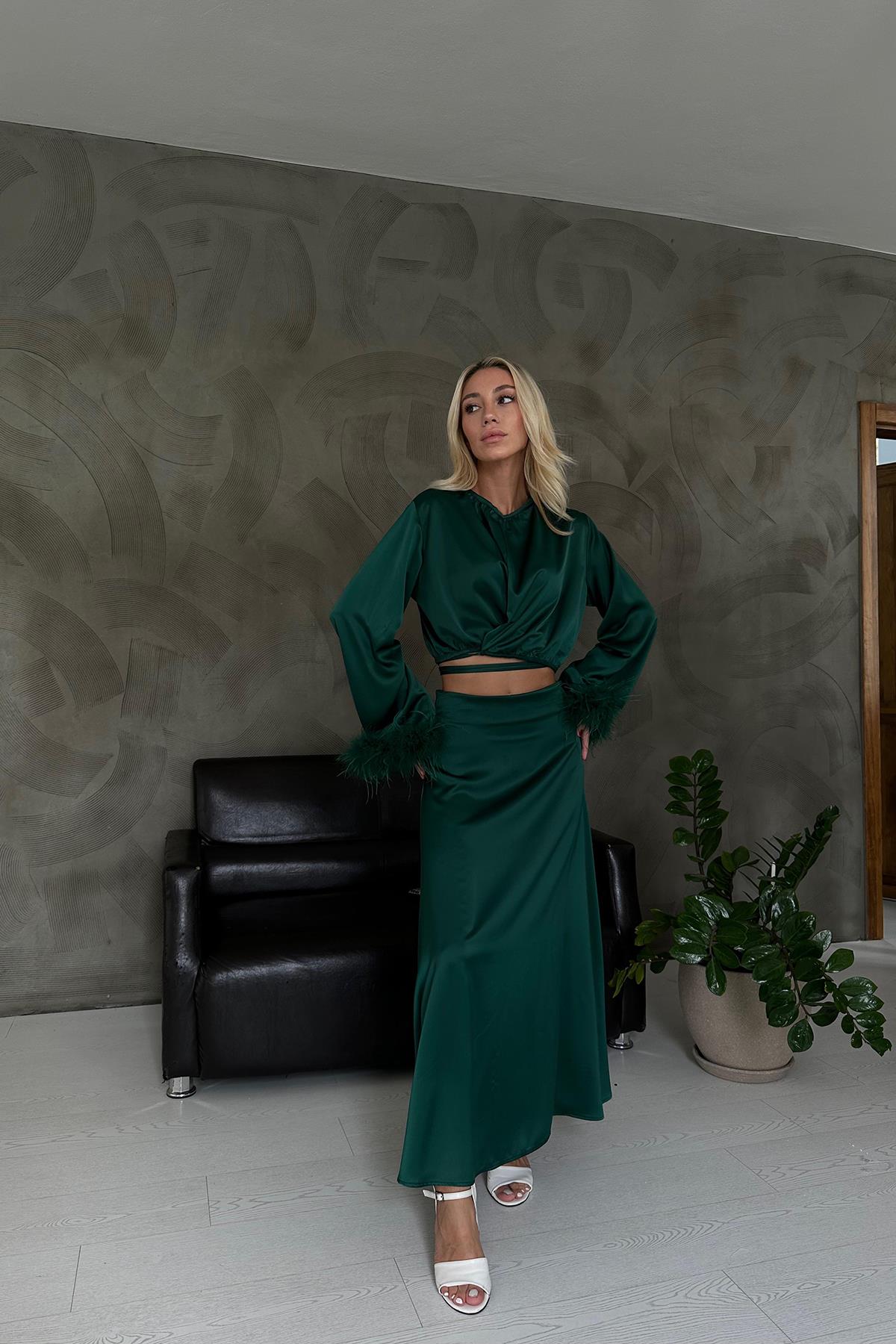 Kolları Tüllü Bluz ve Etek Takım - Zümrüt