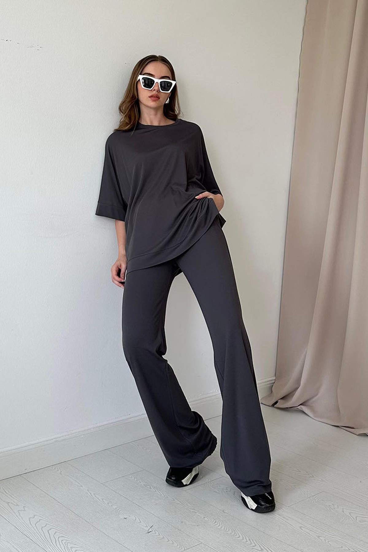 Modal Bluz ve Pantolon Takım - Füme