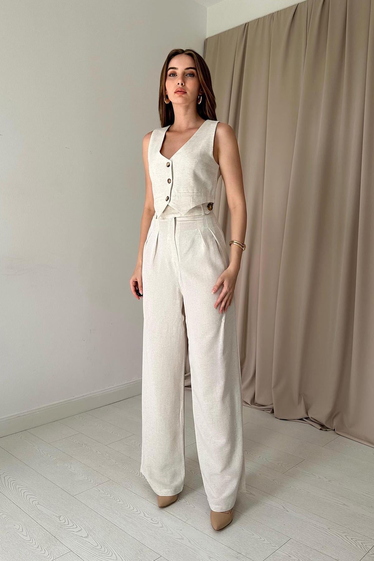 Önü Düğmeli Yelek ve Pantolon Takım - Bej 7452