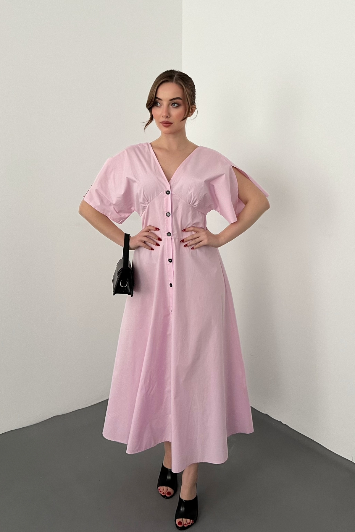Pembe Düğmeli Midi Boy Poplin Elbise