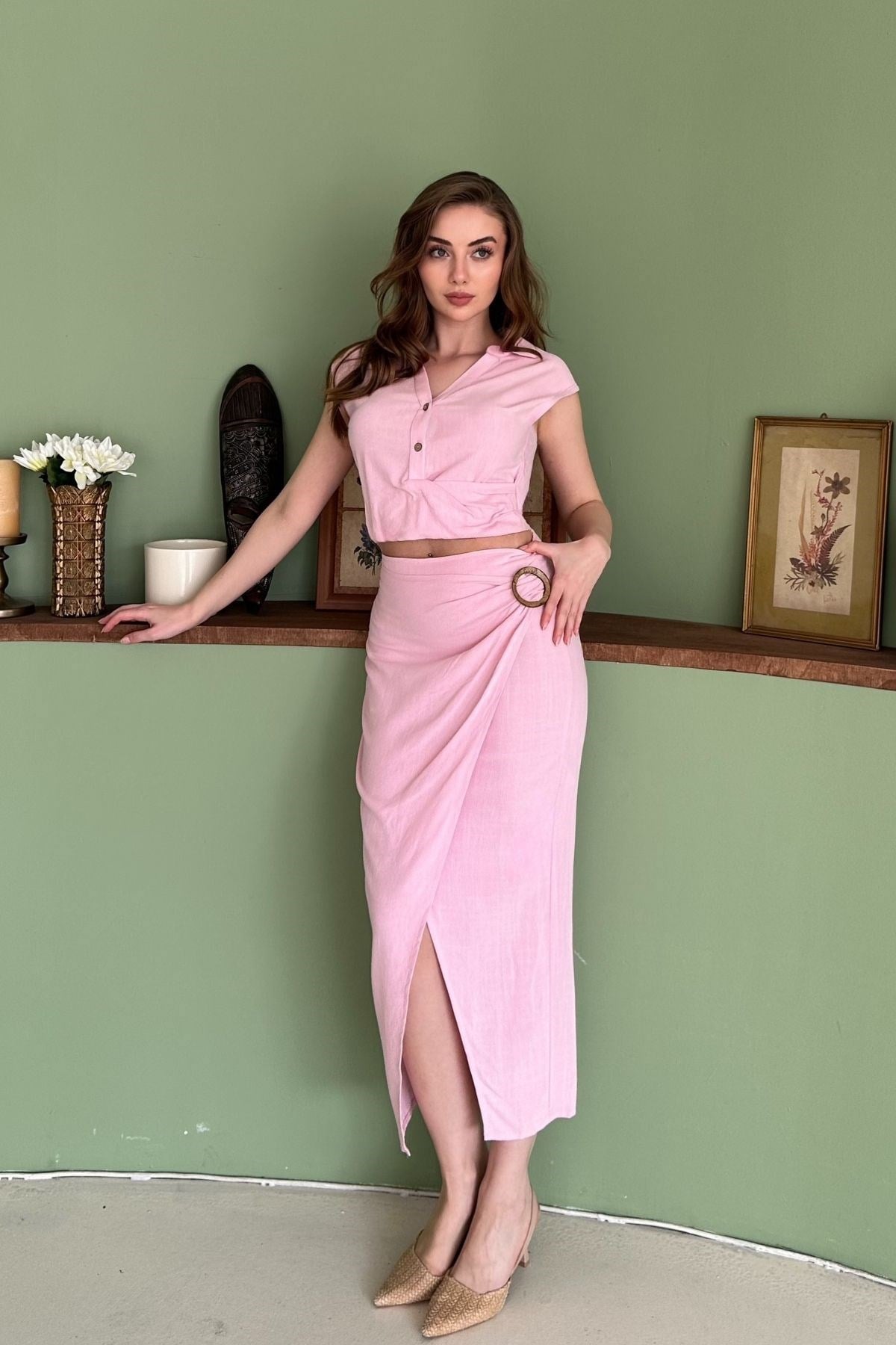 Pembe Keten Crop Bluz ve Yırtmaçlı Etek Takım
