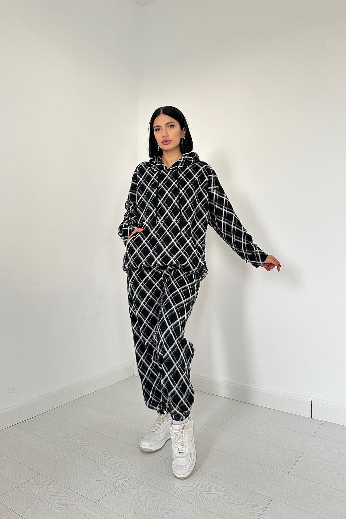 Polar Kapüşonlu Sweatshirt ve Pantolon Takım - Siyah