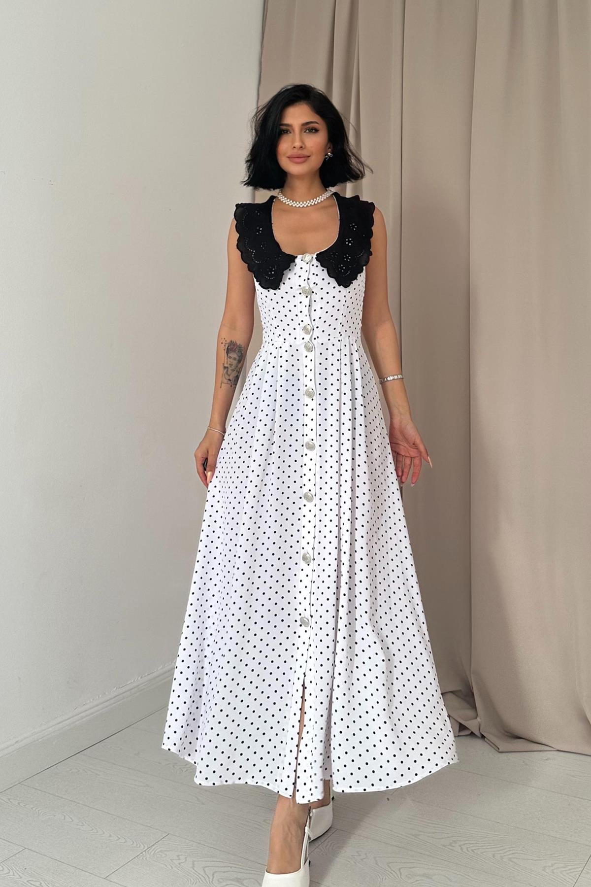 Puantiyeli Bebe Yaka Elbise - Beyaz 7537