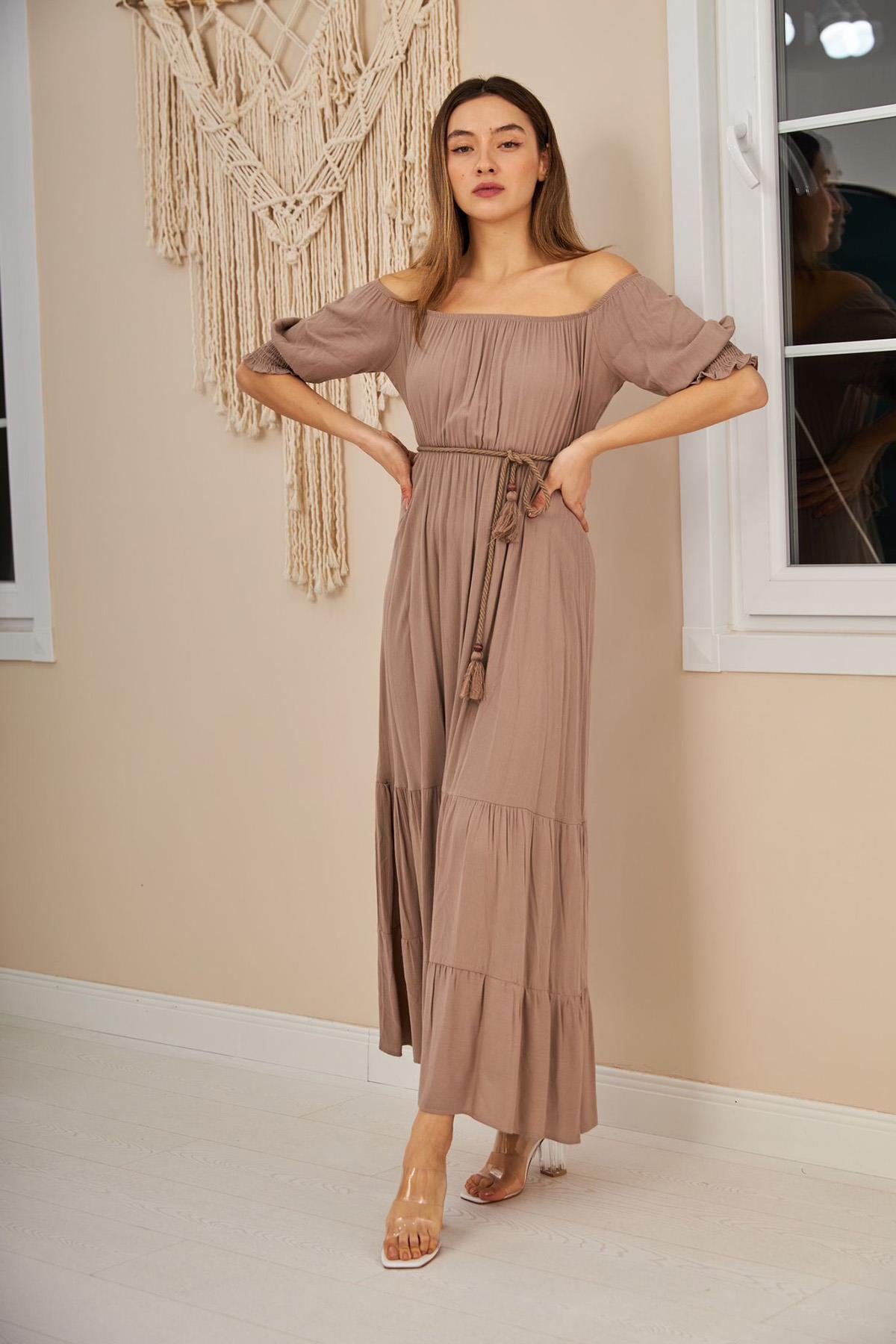 Püsküllü Elbise - Vizon