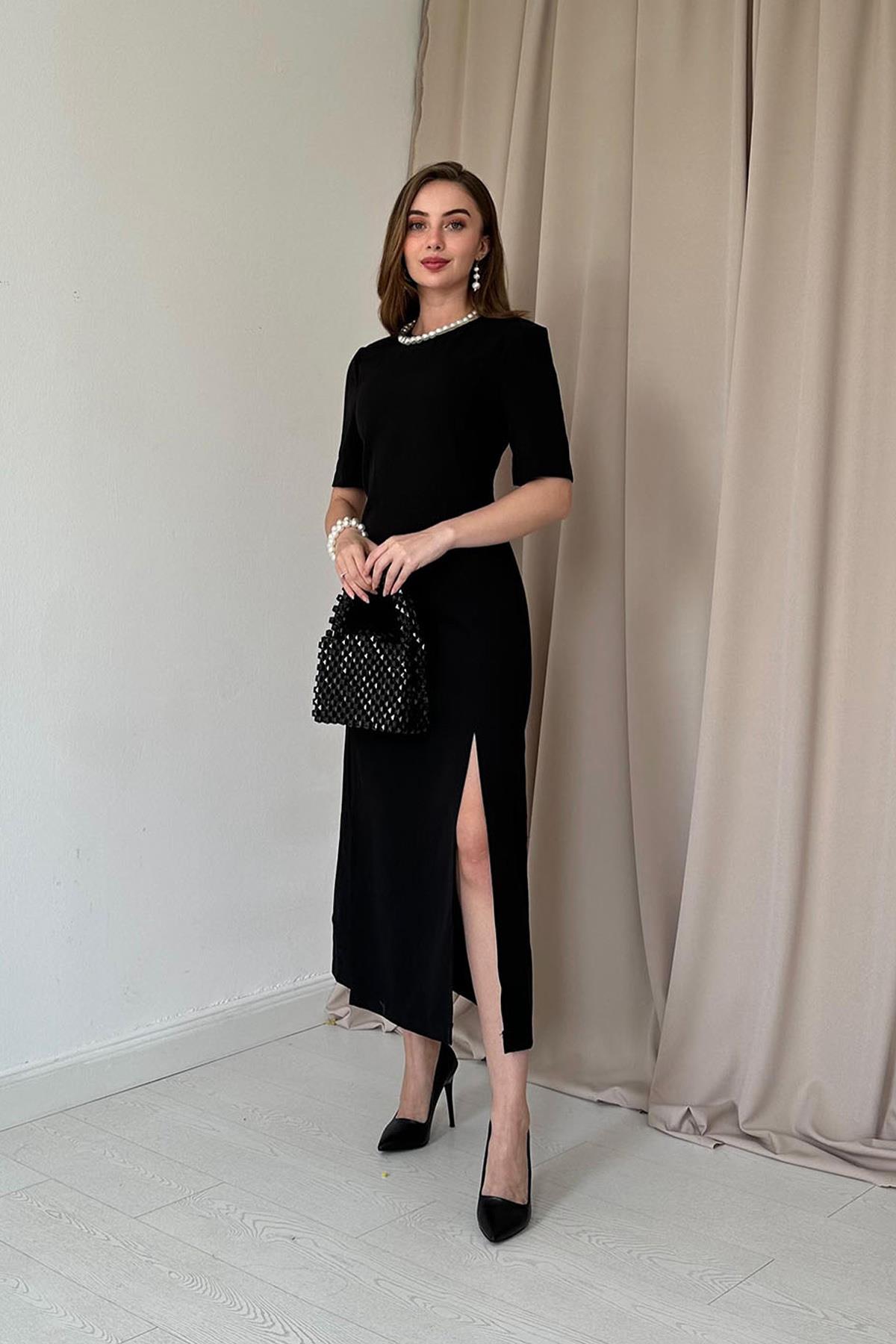 Sade Yırtmaçlı Elbise - Siyah 6184