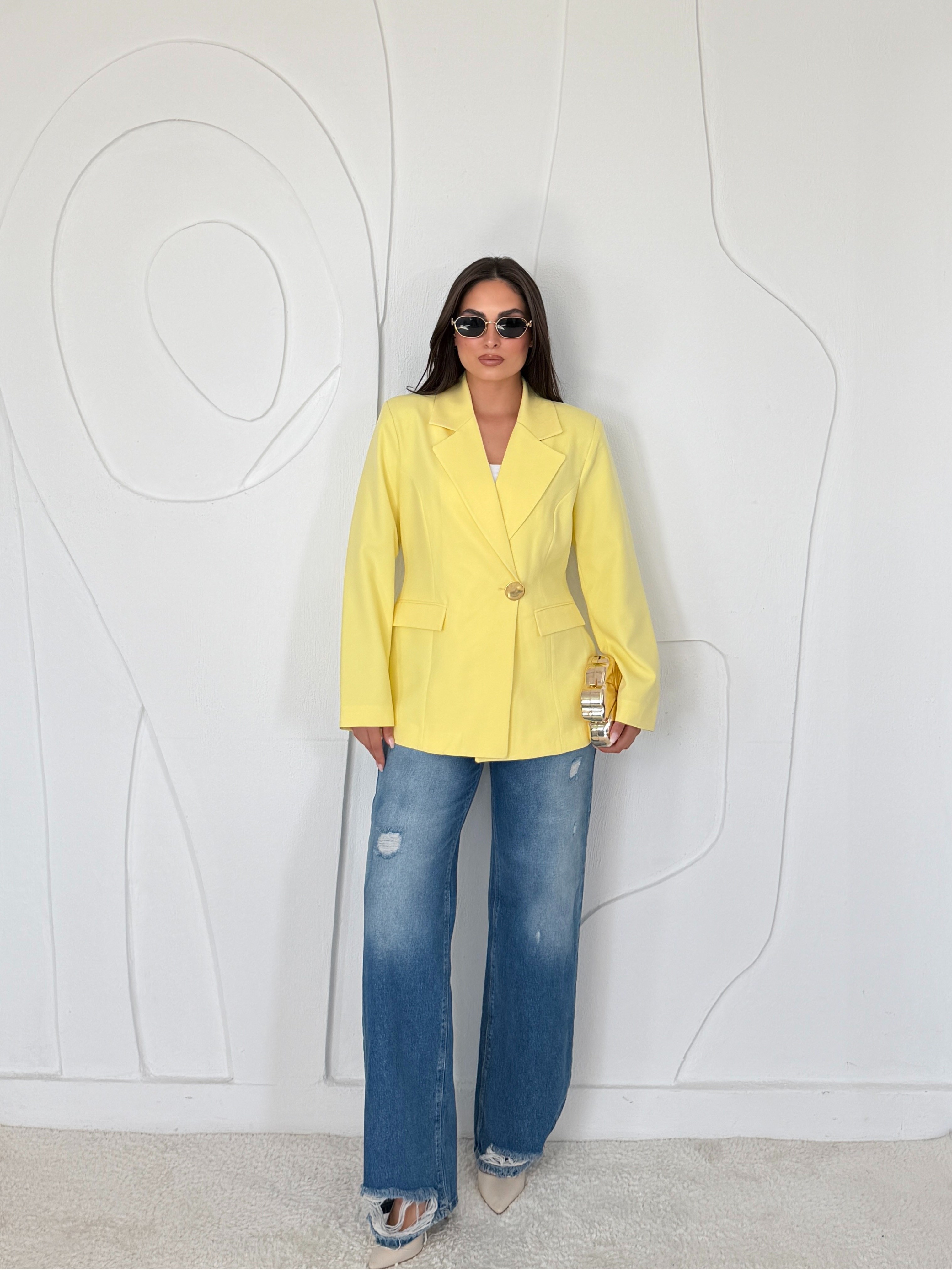 Sarı Gold Düğme Detaylı Belden Oturtmalı Blazer Ceket